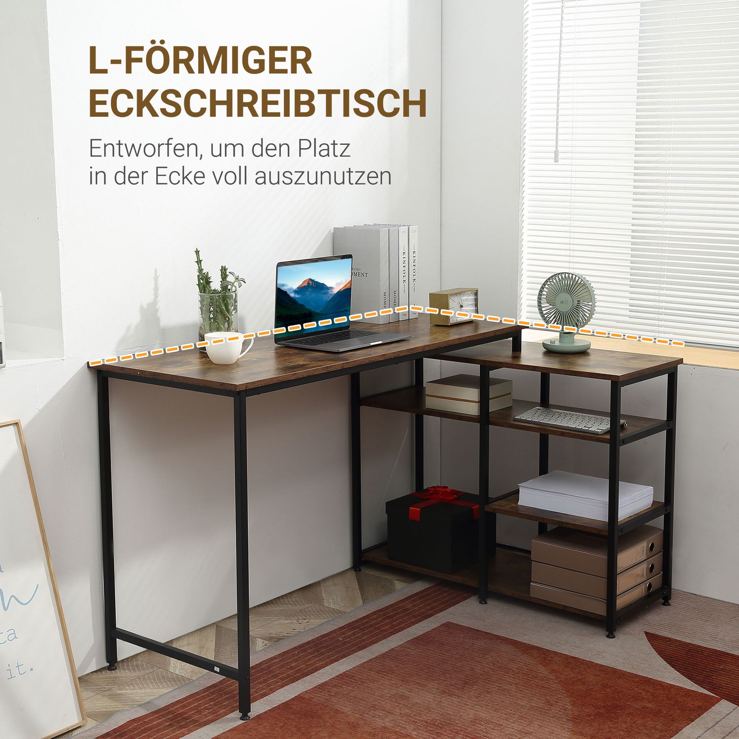 L-format hörnskrivbord, rustikt brunt, med hylla och låda
