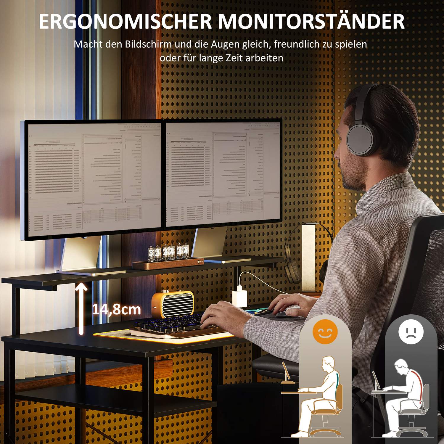 L-format kontorsbord med förvaringshyllor och USB-port
