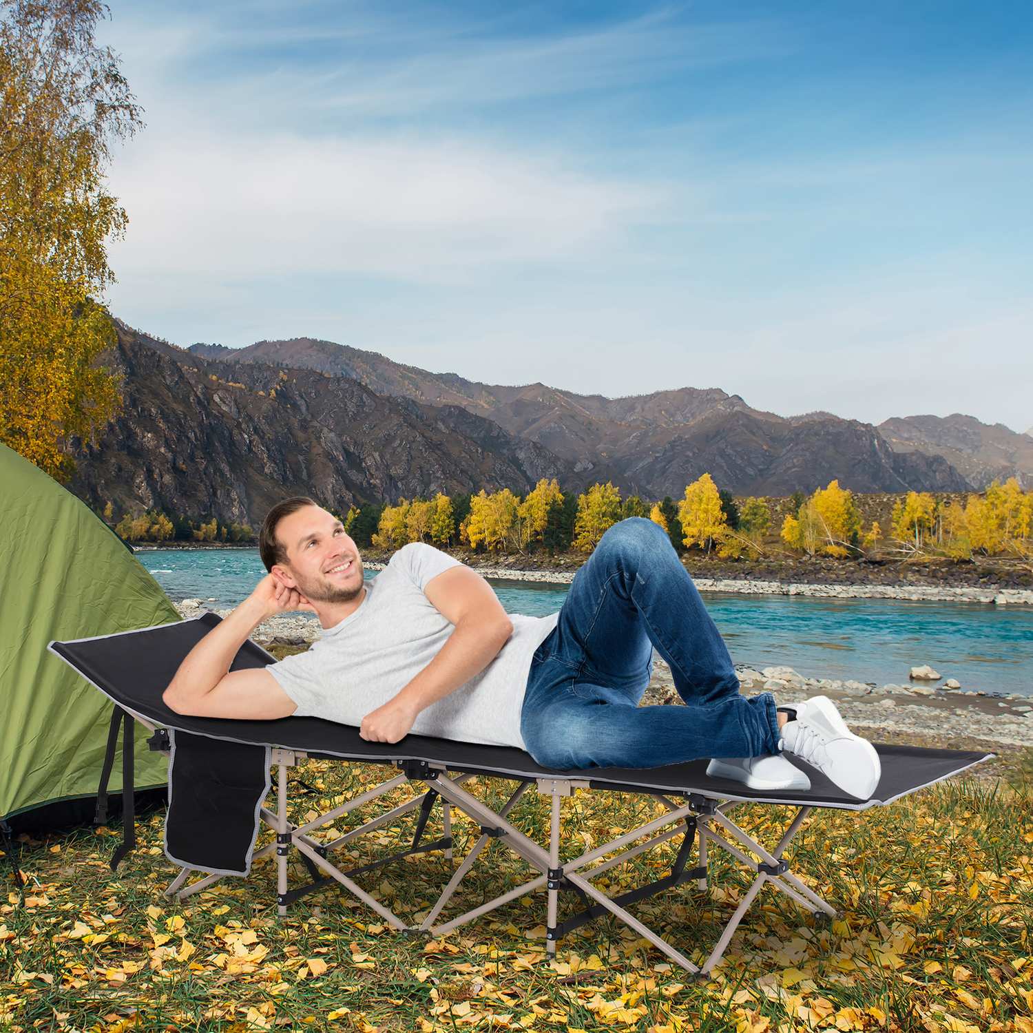 Hopfällbar campingsäng med förvaringsväska, svart Oxford-tyg