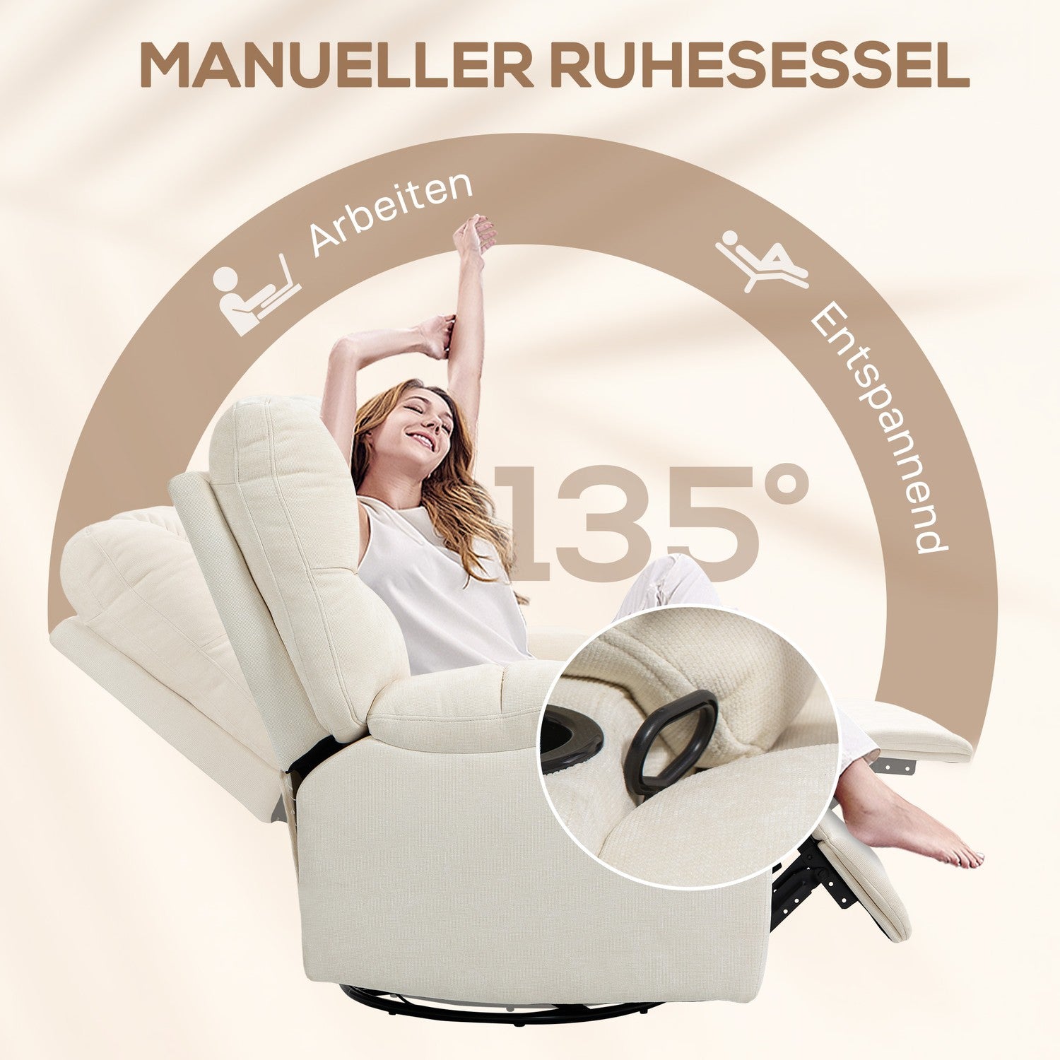 Liggande gung-TV-stol med fotstöd och mugghållare, beige