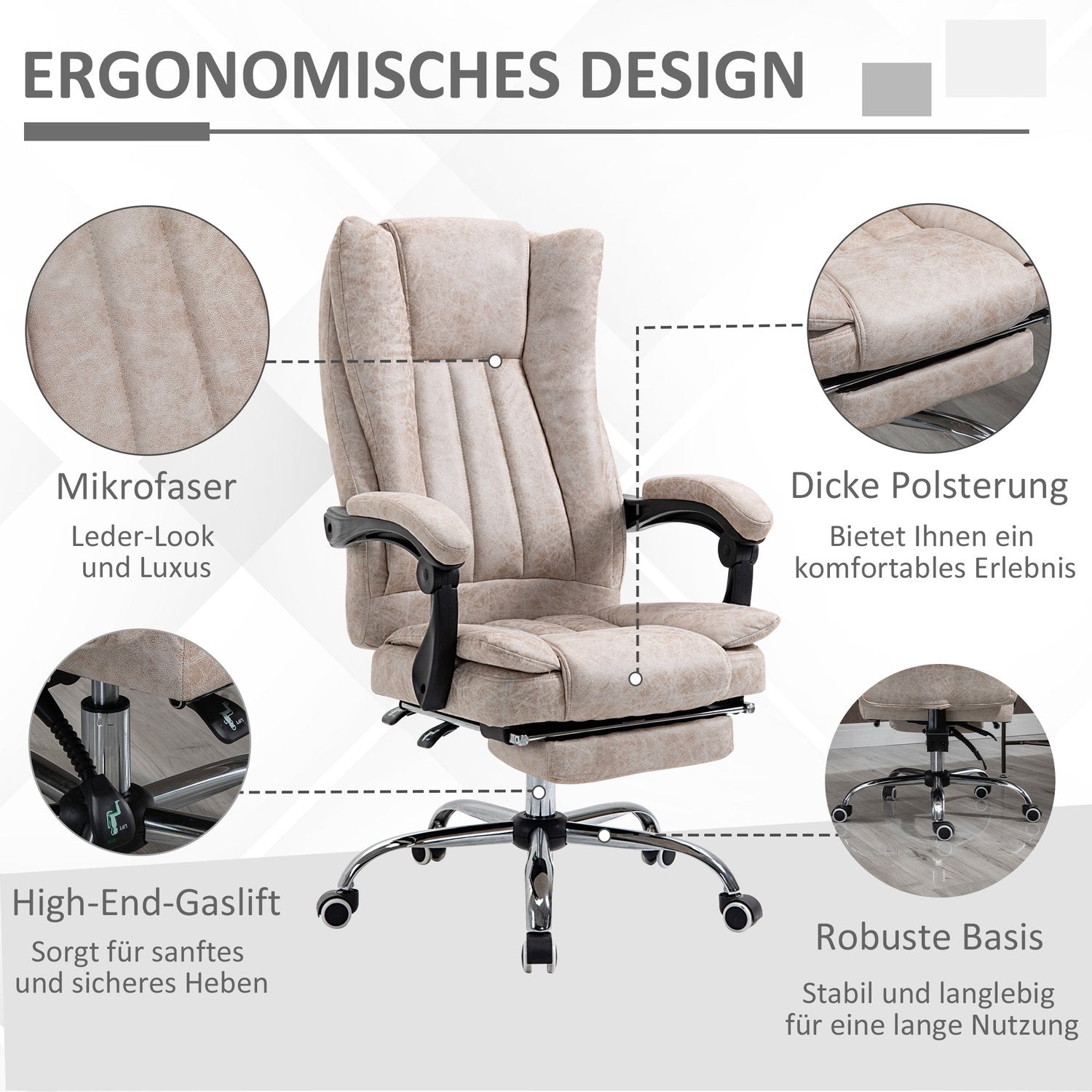 Liggande kontorsstol, mikrofiber, justerbar höjd, beige