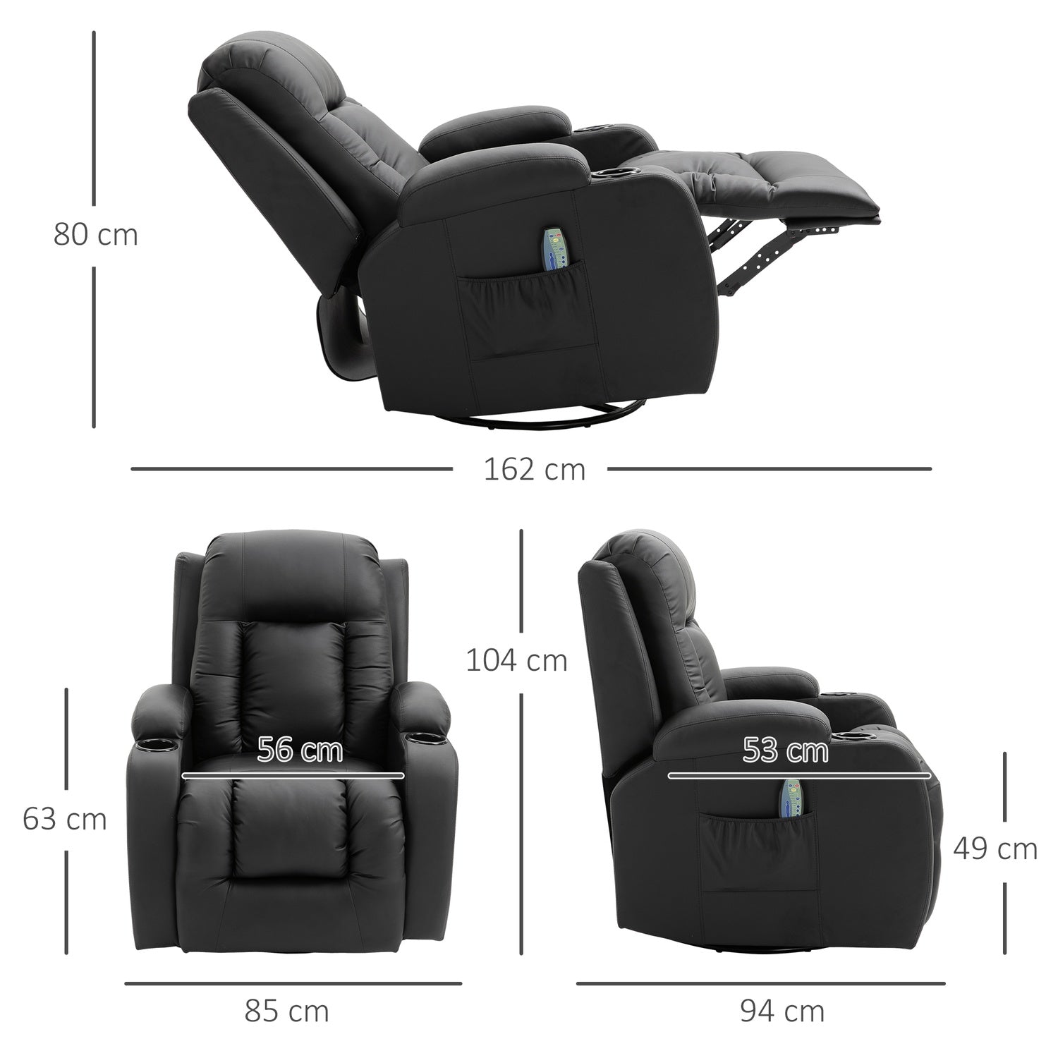Liggande massagestol med värme, fjärrkontroll & mugghållare – Svart