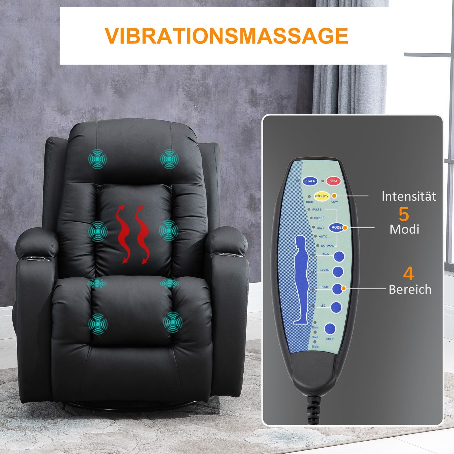 Liggande massagestol med värme, fjärrkontroll & mugghållare – Svart