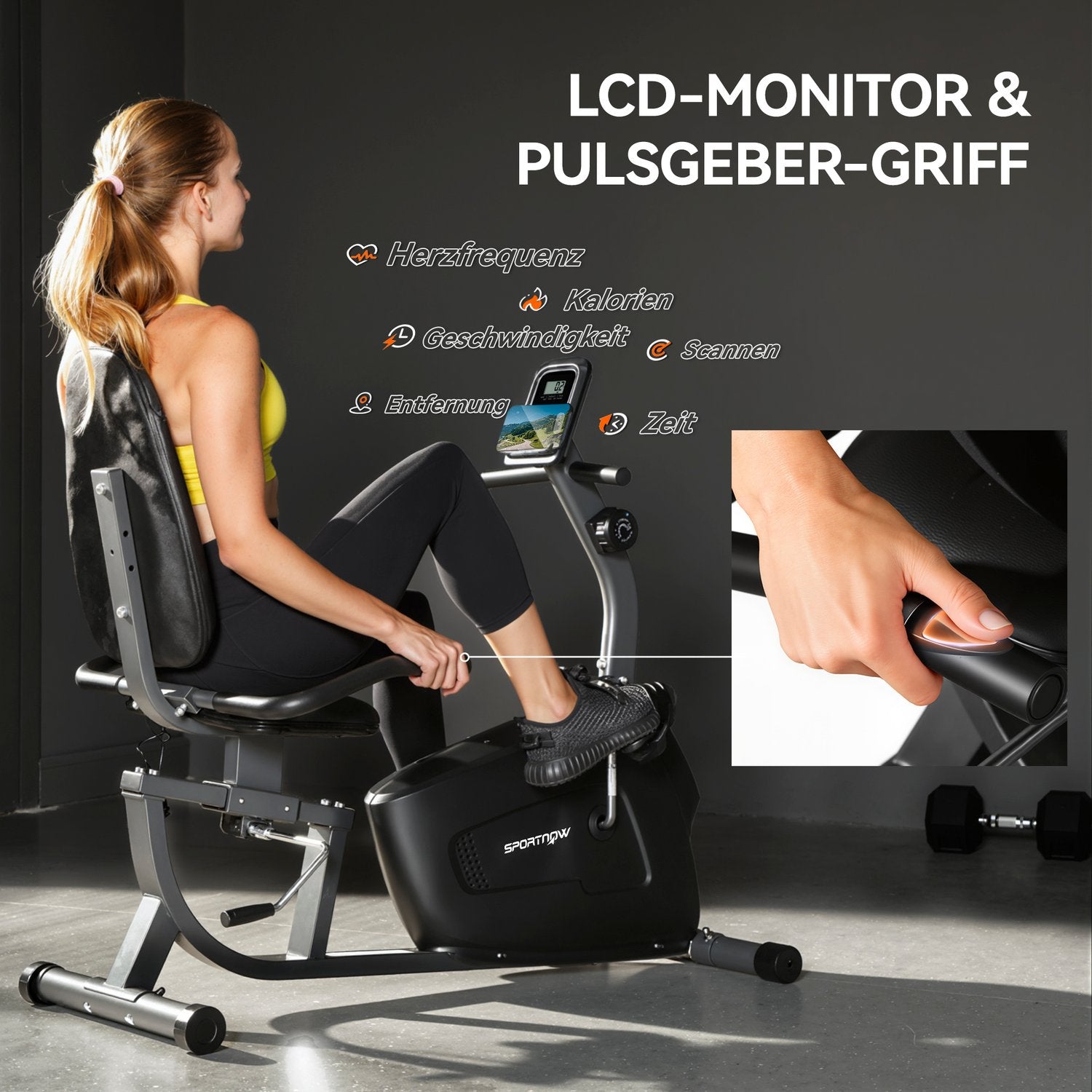 Liggande motionscykel, magnetisk, 8 motståndsnivåer, LCD-skärm