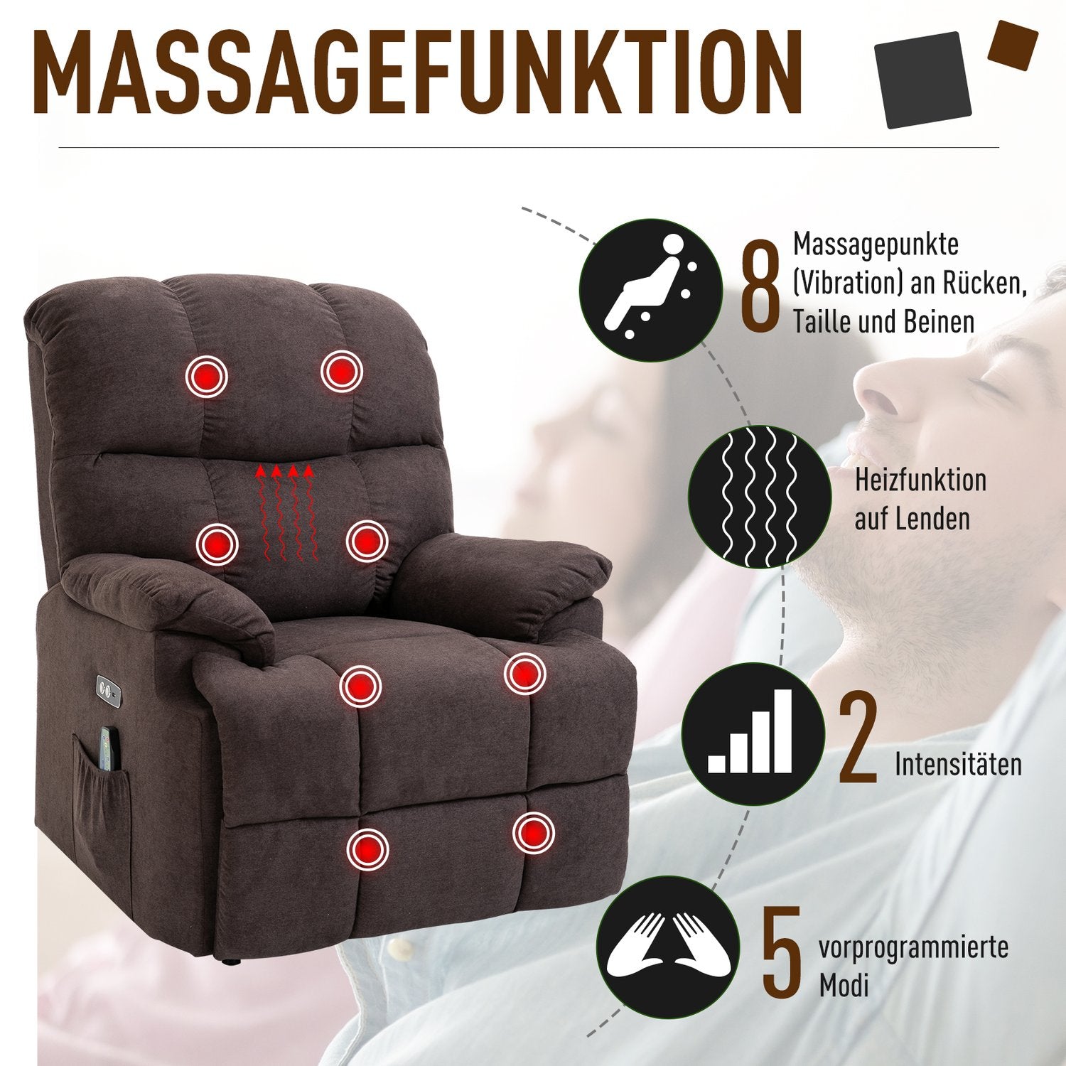 Liggstol massagestol med värme, justerbar, brun plysch