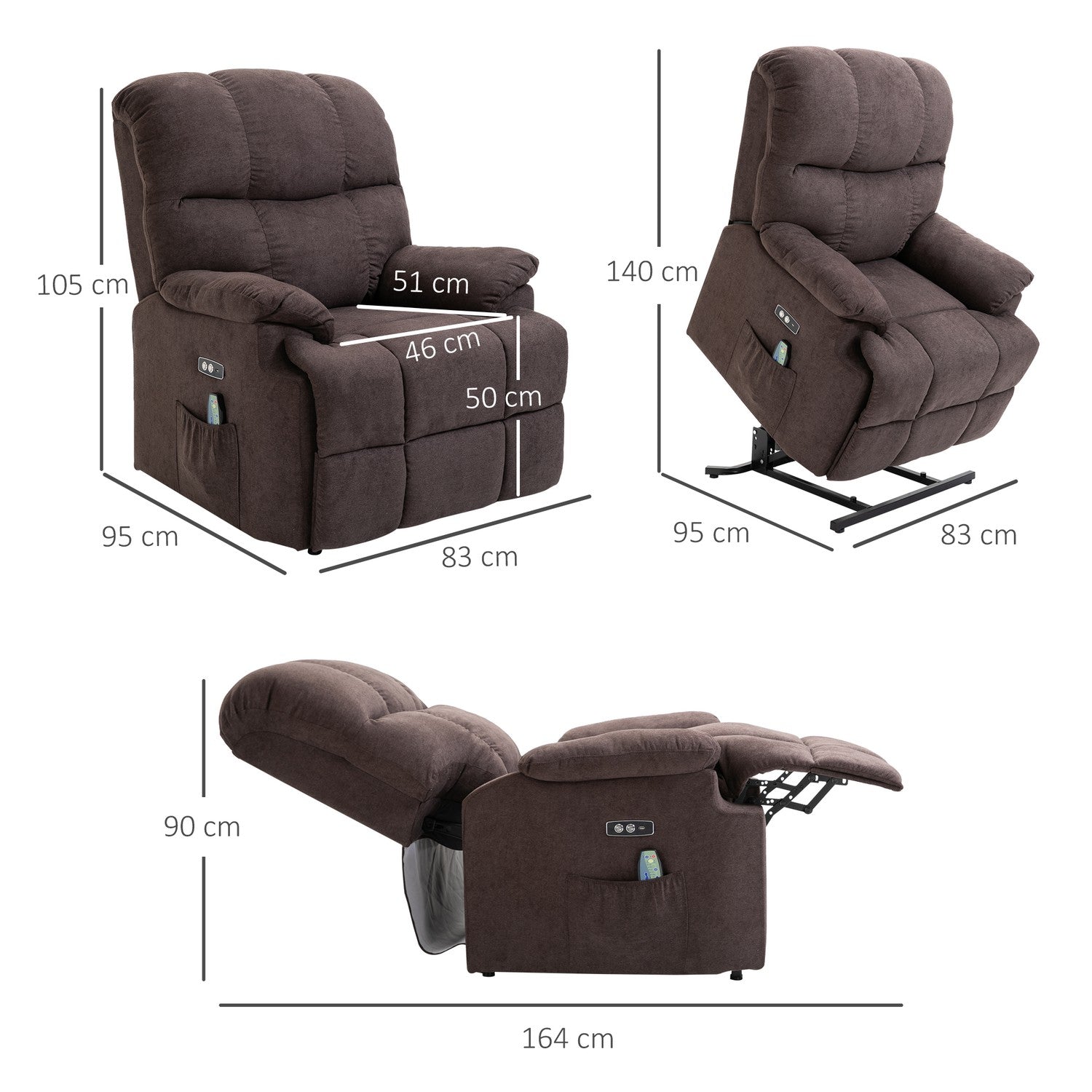 Liggstol massagestol med värme, justerbar, brun plysch