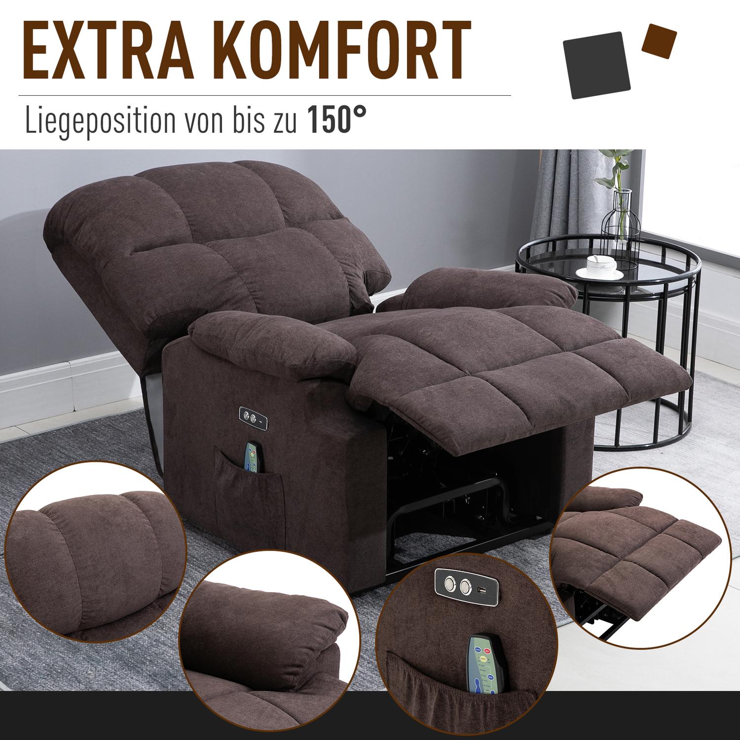Liggstol massagestol med värme, justerbar, brun plysch