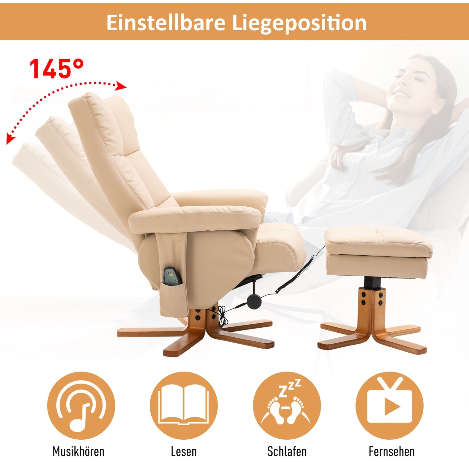 Liggstol med fotpall, konstläder, 145° lutning