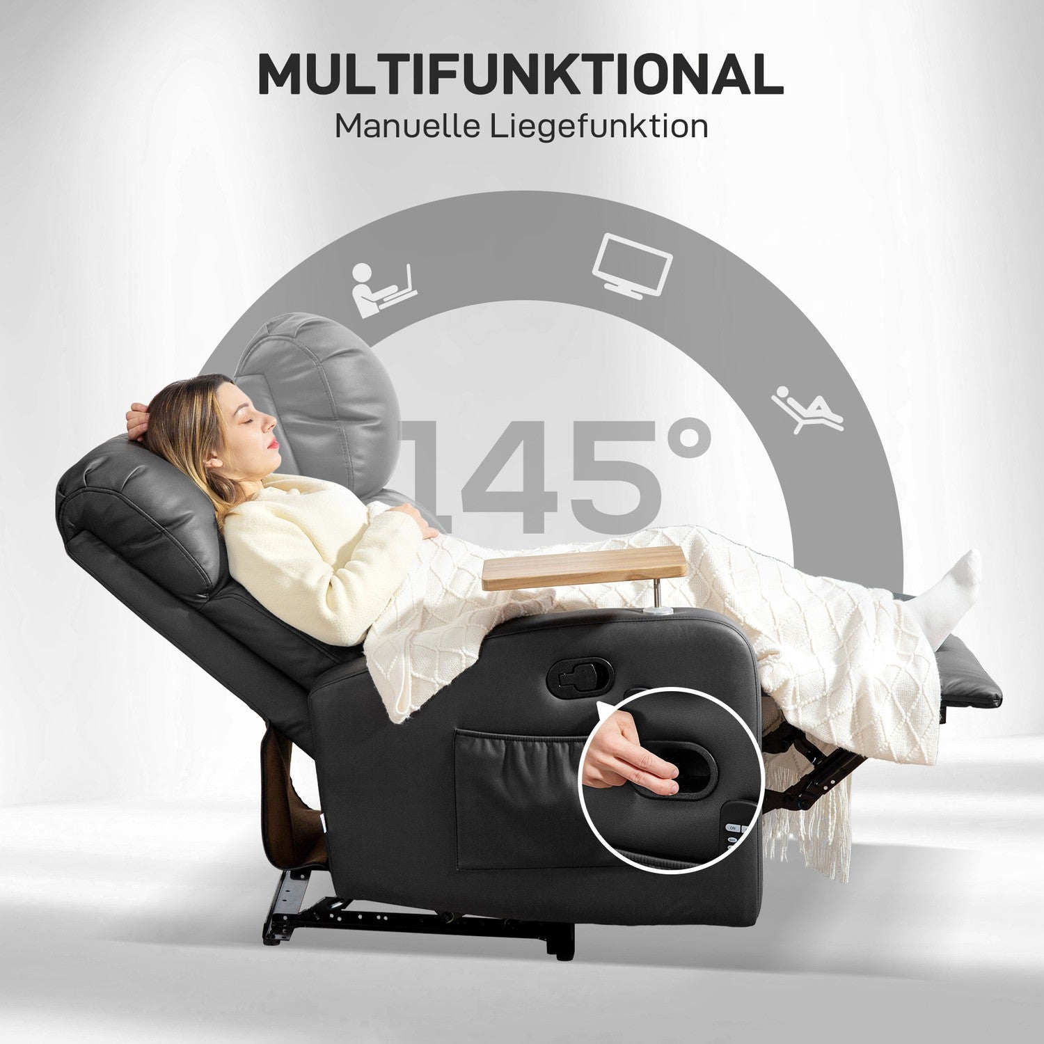 Liggstol med massage, fjärrkontroll och mugghållare - Svart