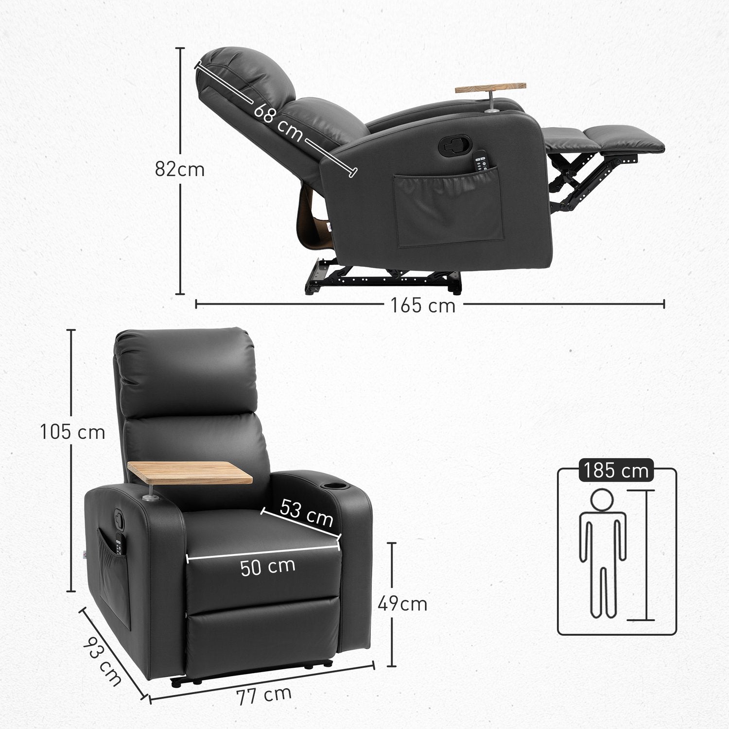Liggstol med massage, fjärrkontroll och mugghållare - Svart
