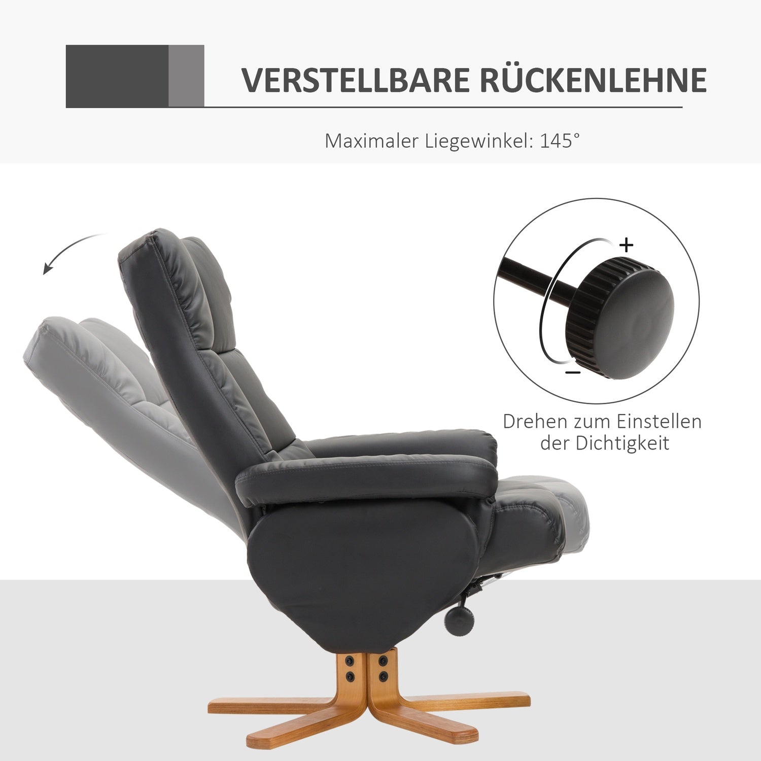 Liggstol med ottoman, 360° vridbar, svart PU-läder