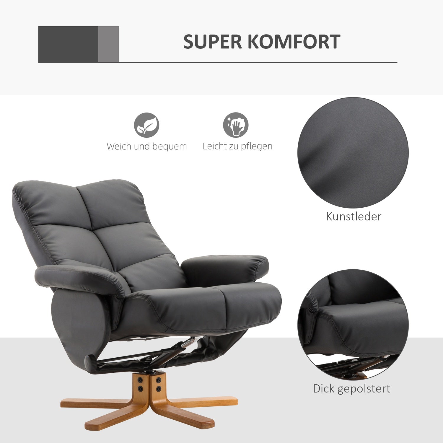 Liggstol med ottoman, 360° vridbar, svart PU-läder