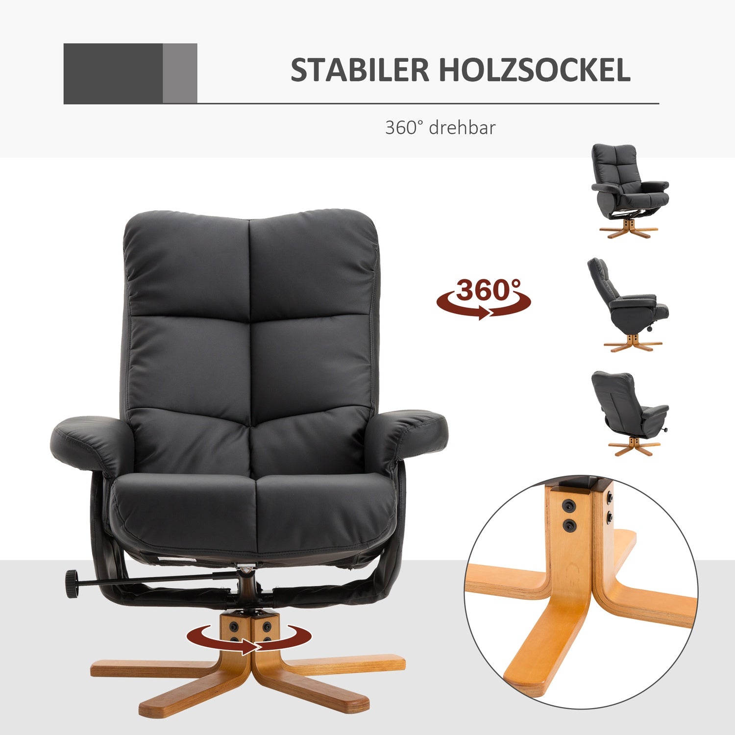 Liggstol med ottoman, 360° vridbar, svart PU-läder