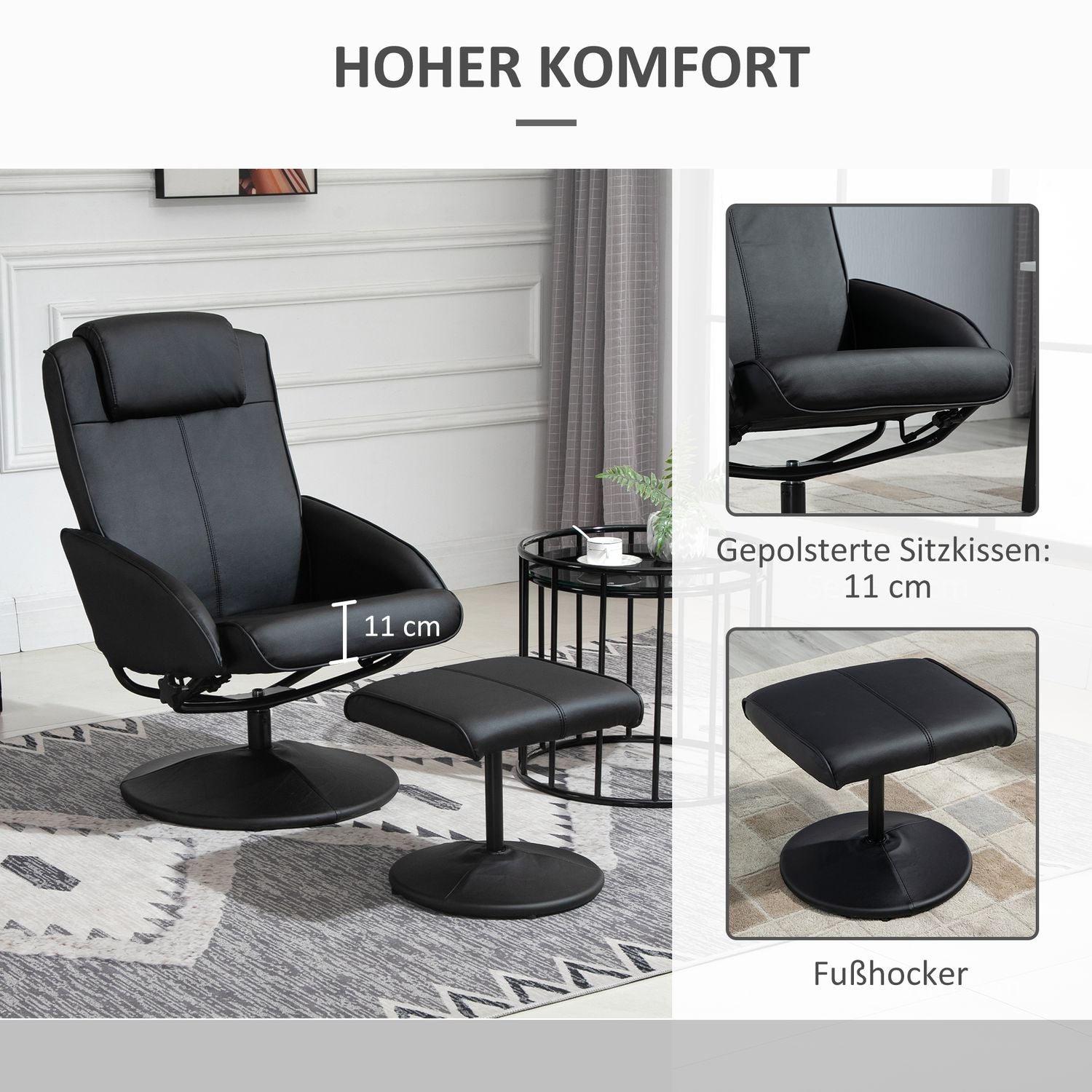 Liggstol med ottomansk, konstläder, svart, justerbar