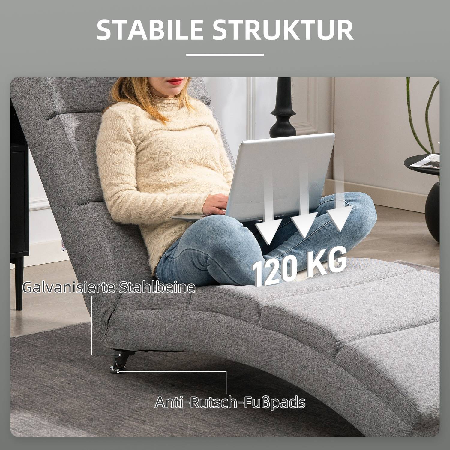 Liggstol med ryggstöd, stålben, tjock stoppning, ljusgrå