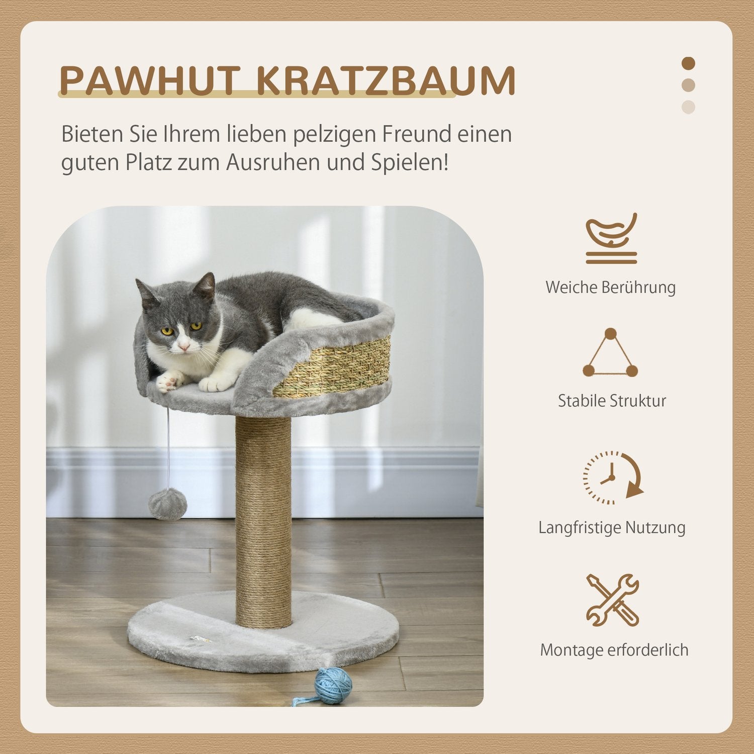 Kattskrapstolpe med lekboll och liggplats, grå