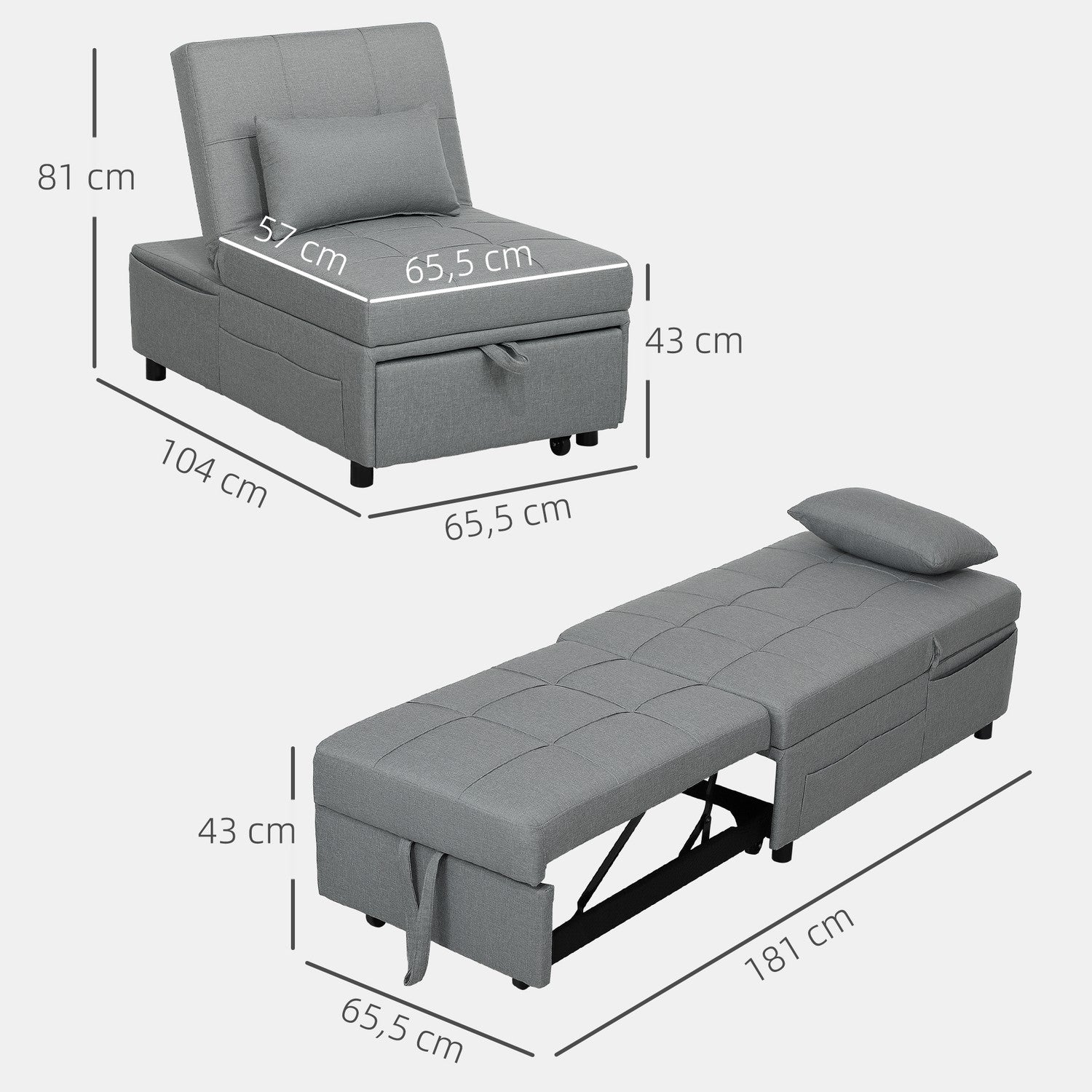 Ljusgrå 3-i-1 bäddsoffa, justerbar, utdragbar design
