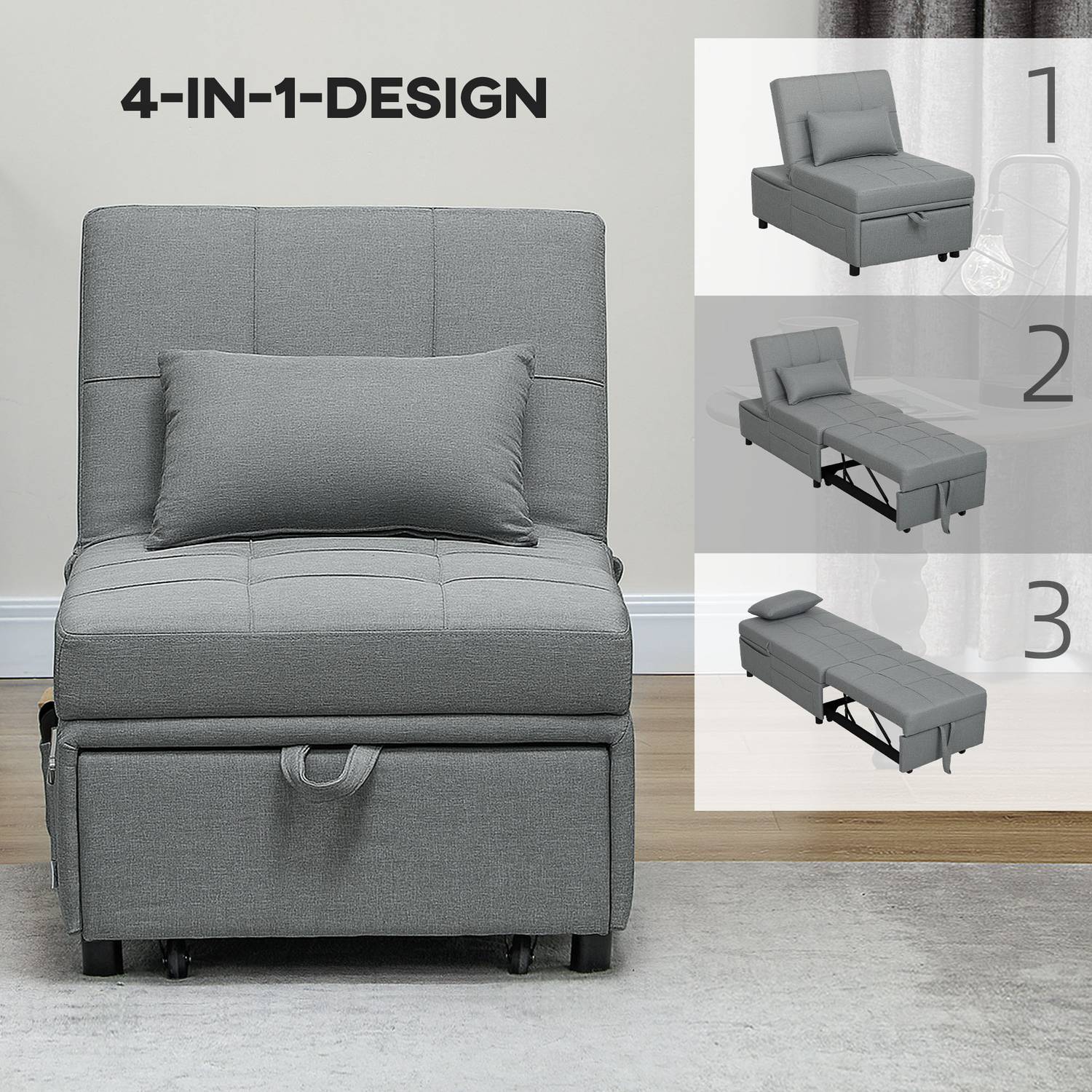 Ljusgrå 3-i-1 bäddsoffa, justerbar, utdragbar design
