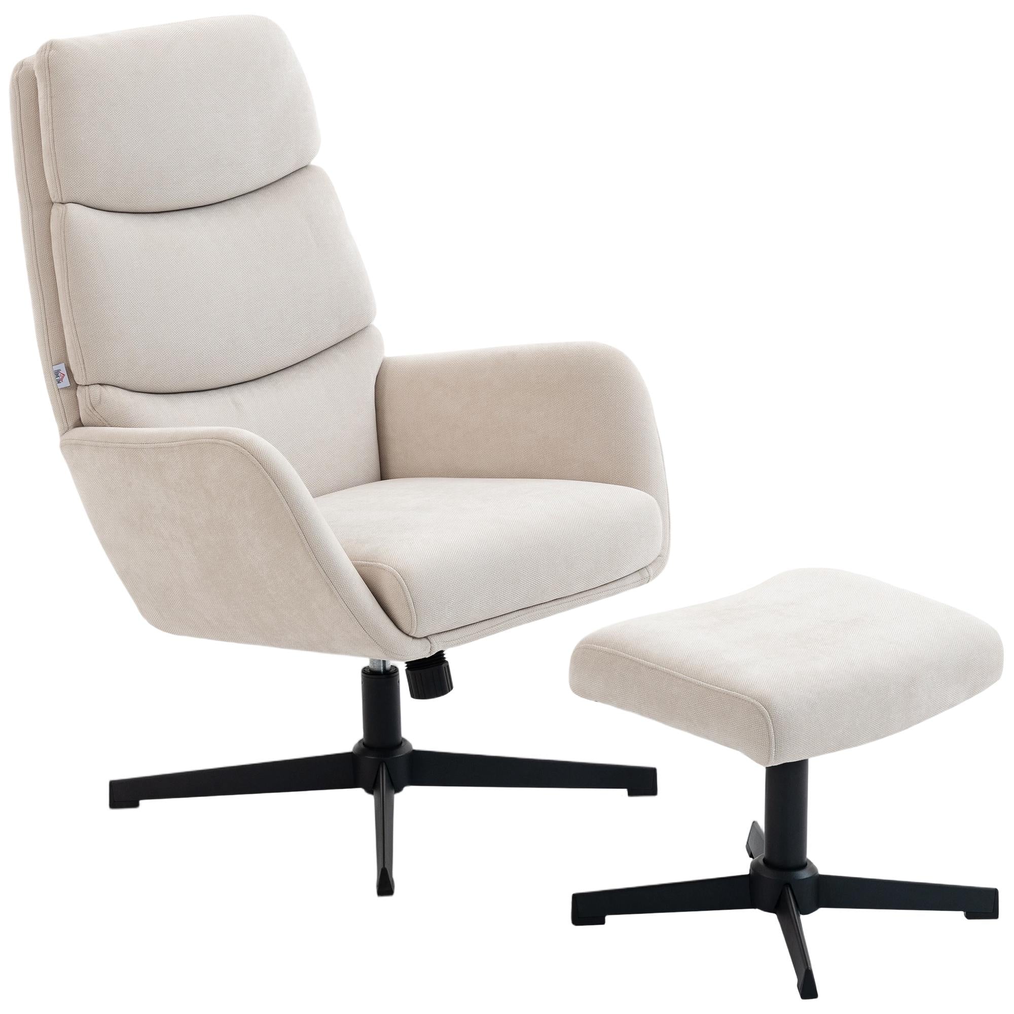 Loungefåtölj med fotpall, hög rygg, metallbas, beige