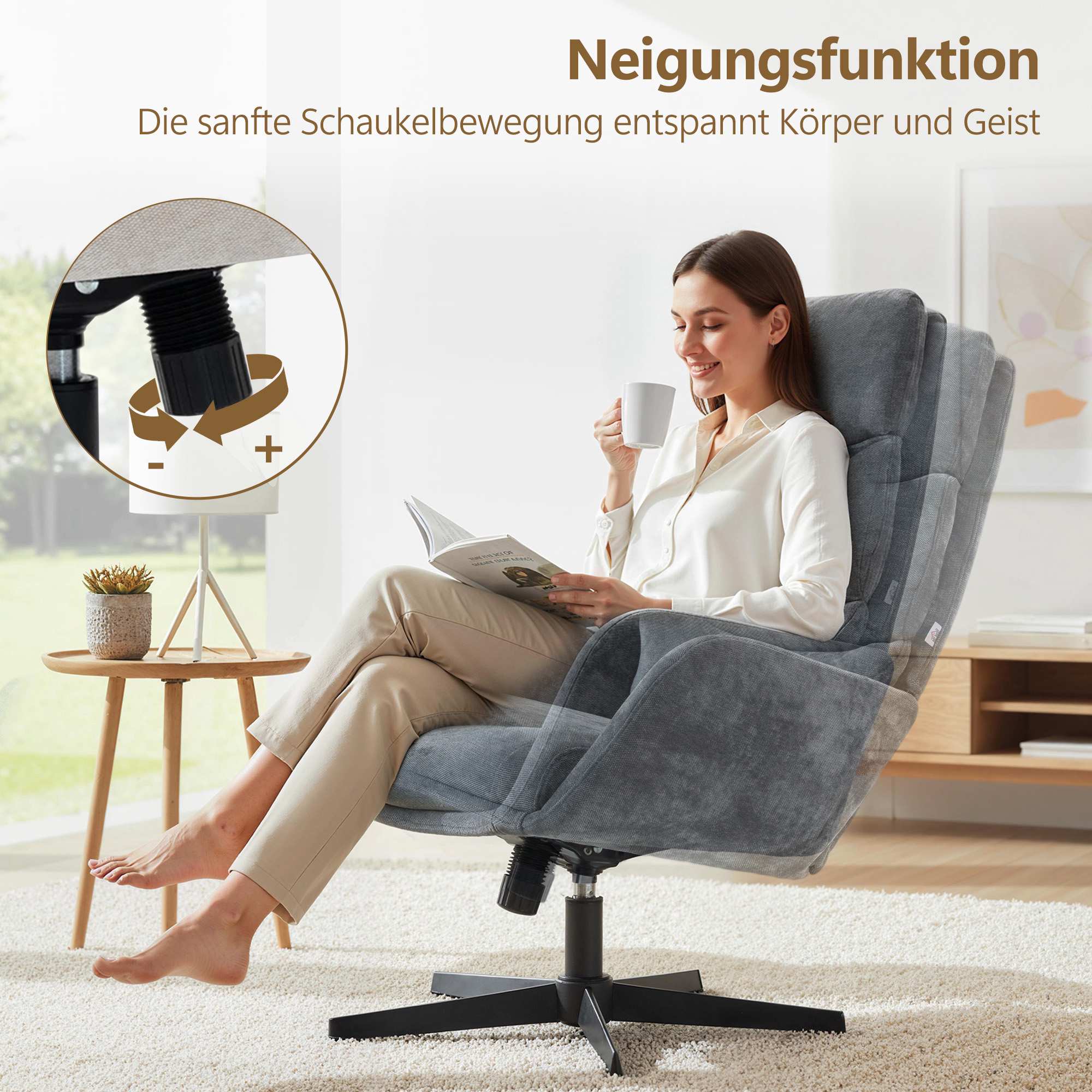 Loungefåtölj med fotpall, hög rygg, metallbas, grå