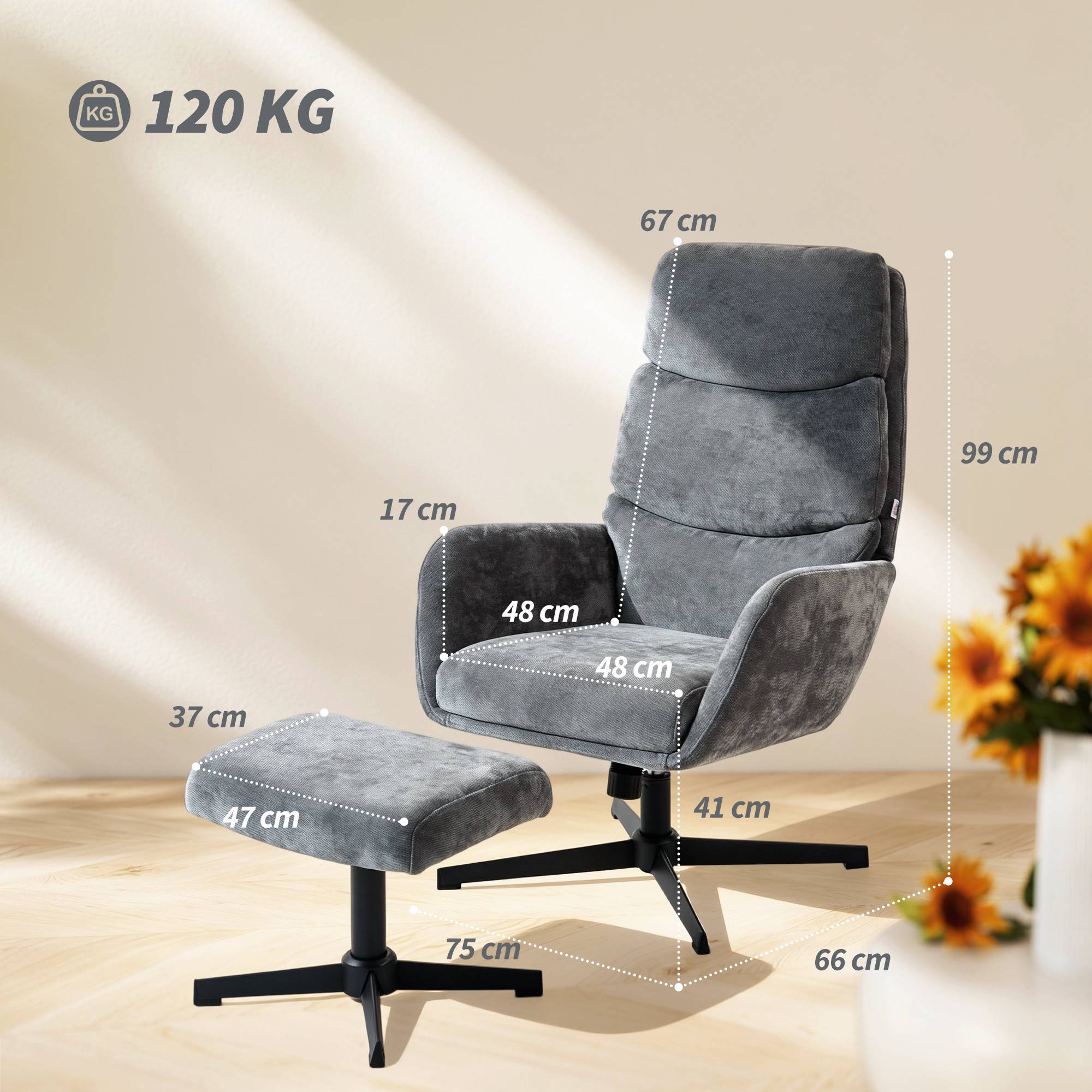 Loungefåtölj med fotpall, hög rygg, metallbas, grå