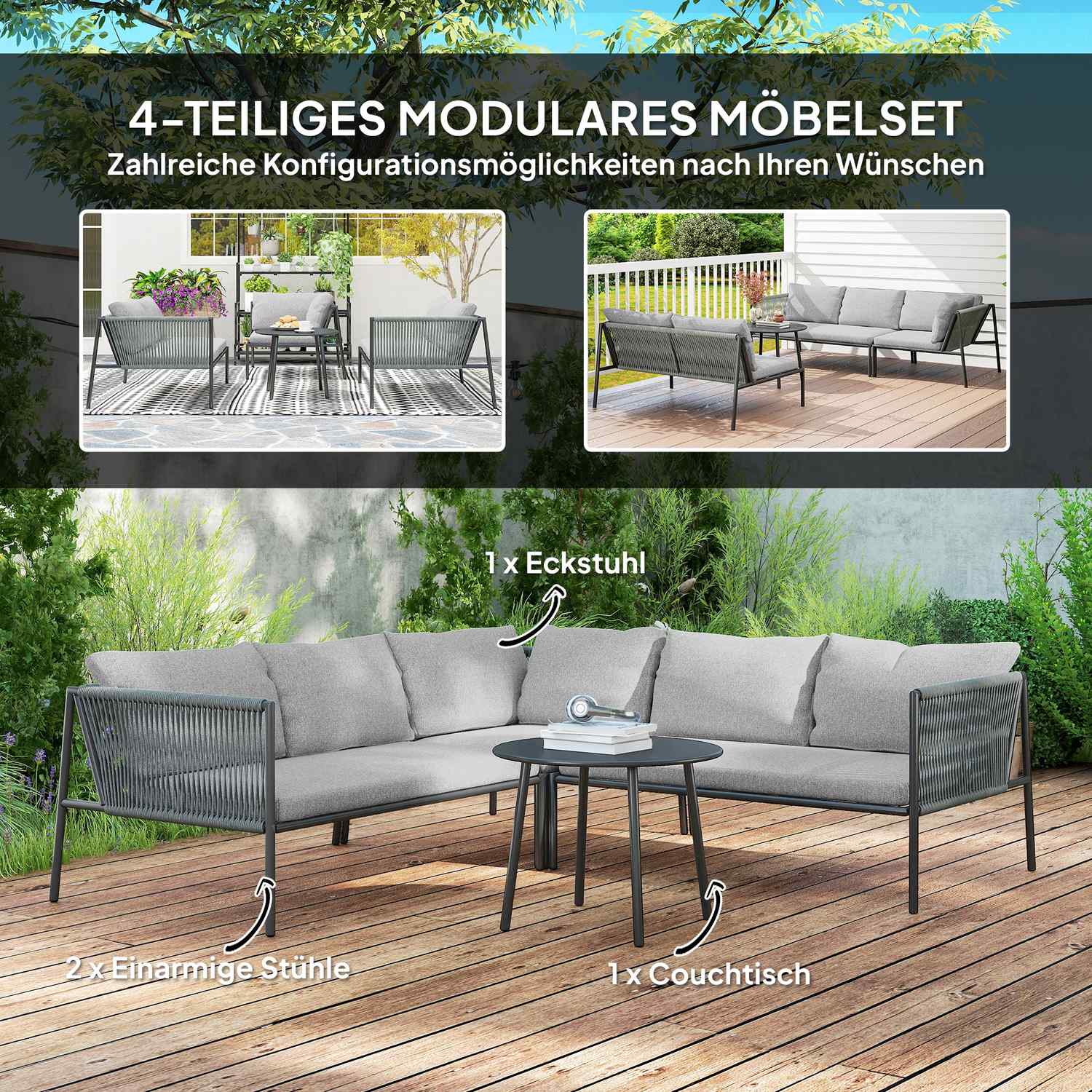 Loungeset i polyrattan utomhus, väderbeständig sittplats för 6 personer