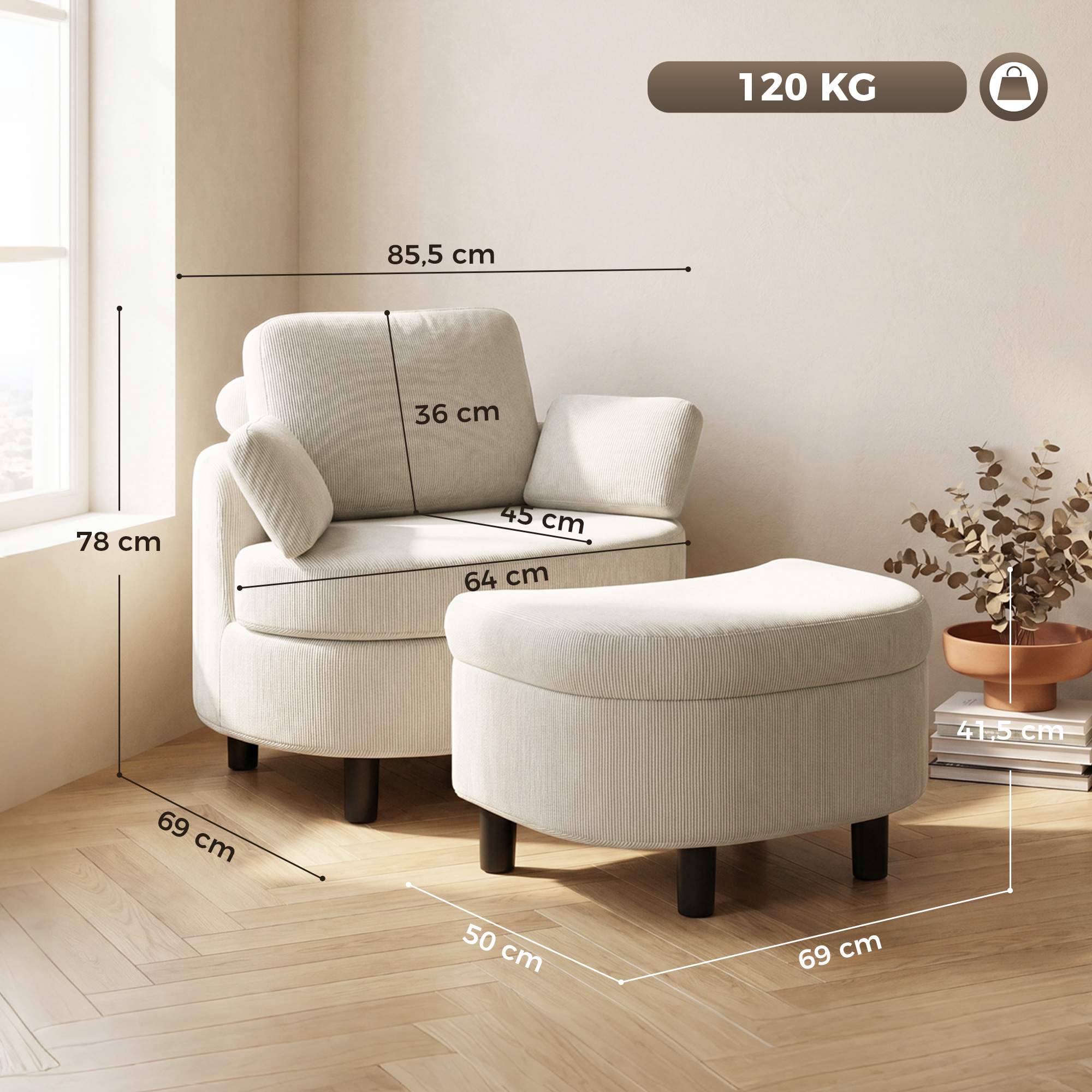 Läsfåtölj med sladd och förvaring, krämvit