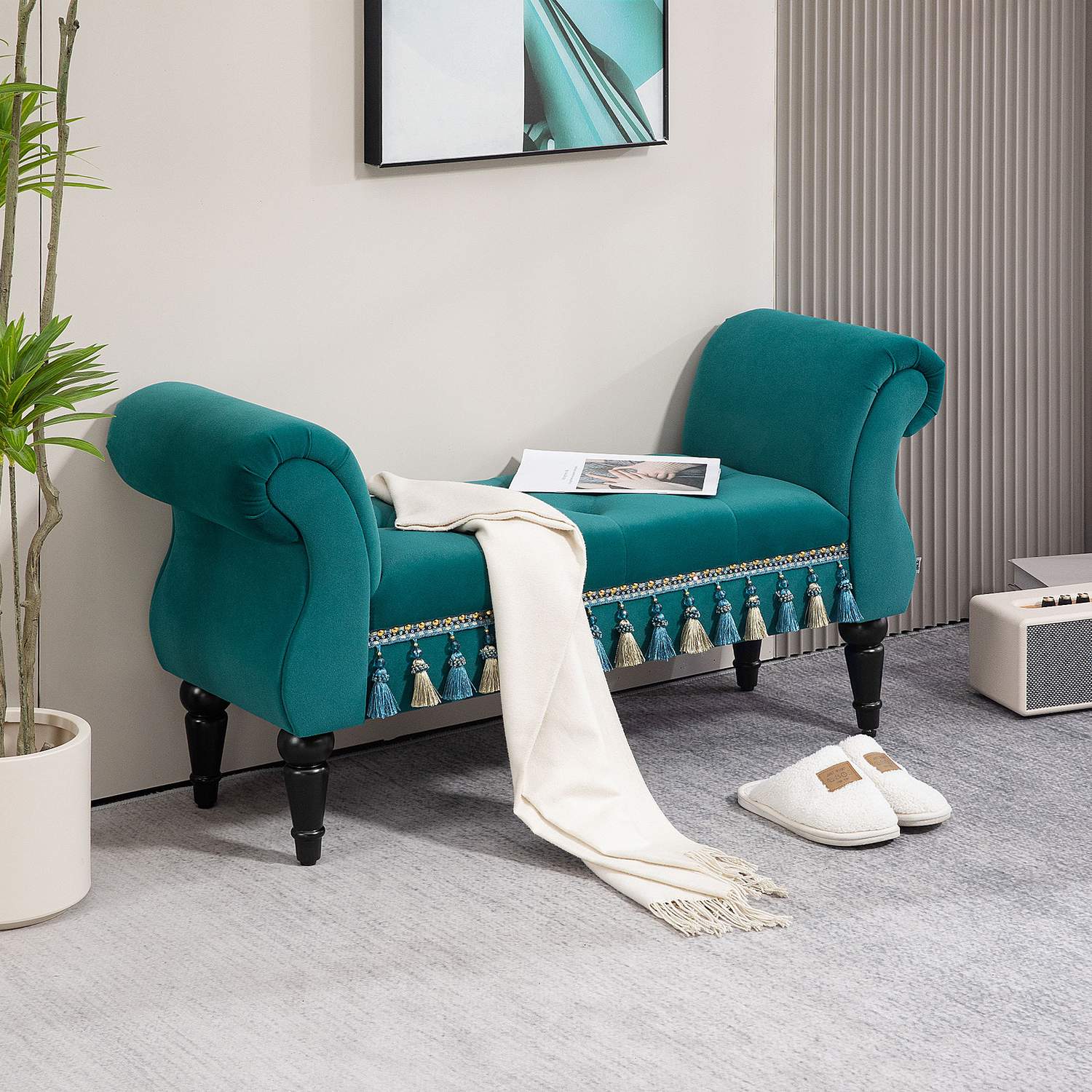 Lyxig sammetsbänk, Grå klädsel – Vardagsrum/sovrum