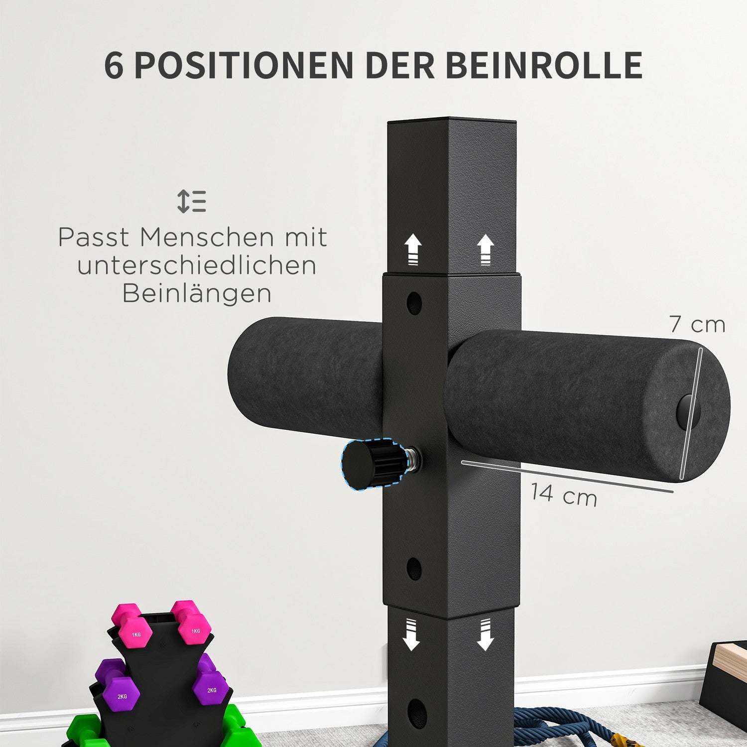 Mag- och ryggtränare, aktiverar muskler, 6 benrulllägen, sidohandtag, stålram