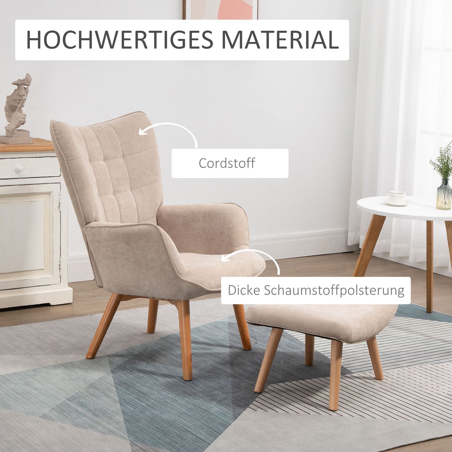 Manchester Lounge Wing Chair med ottomansk, beige klädsel