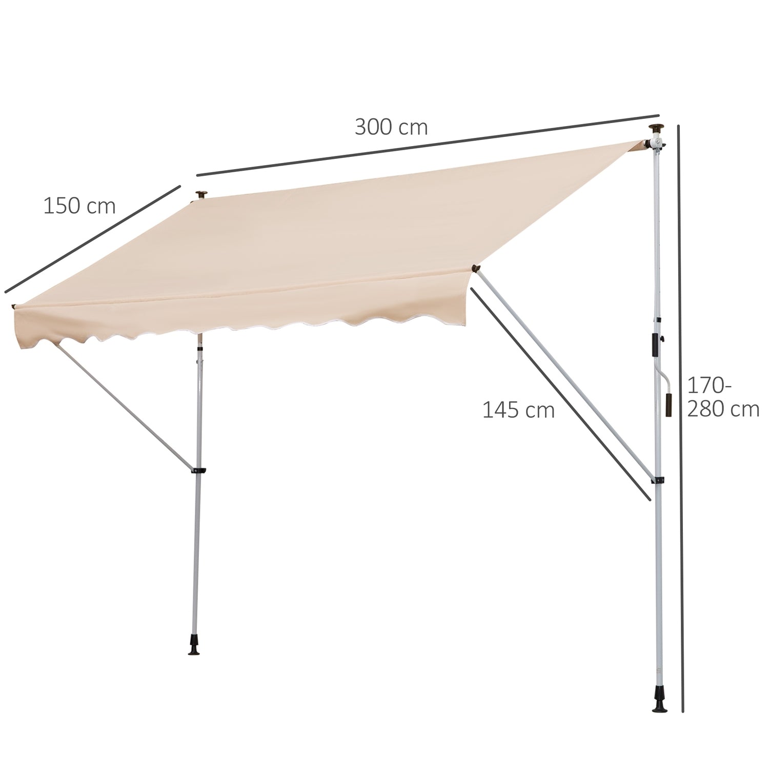 Justerbar fällarmsmarkis i aluminium, 300 x 150 cm, Beige