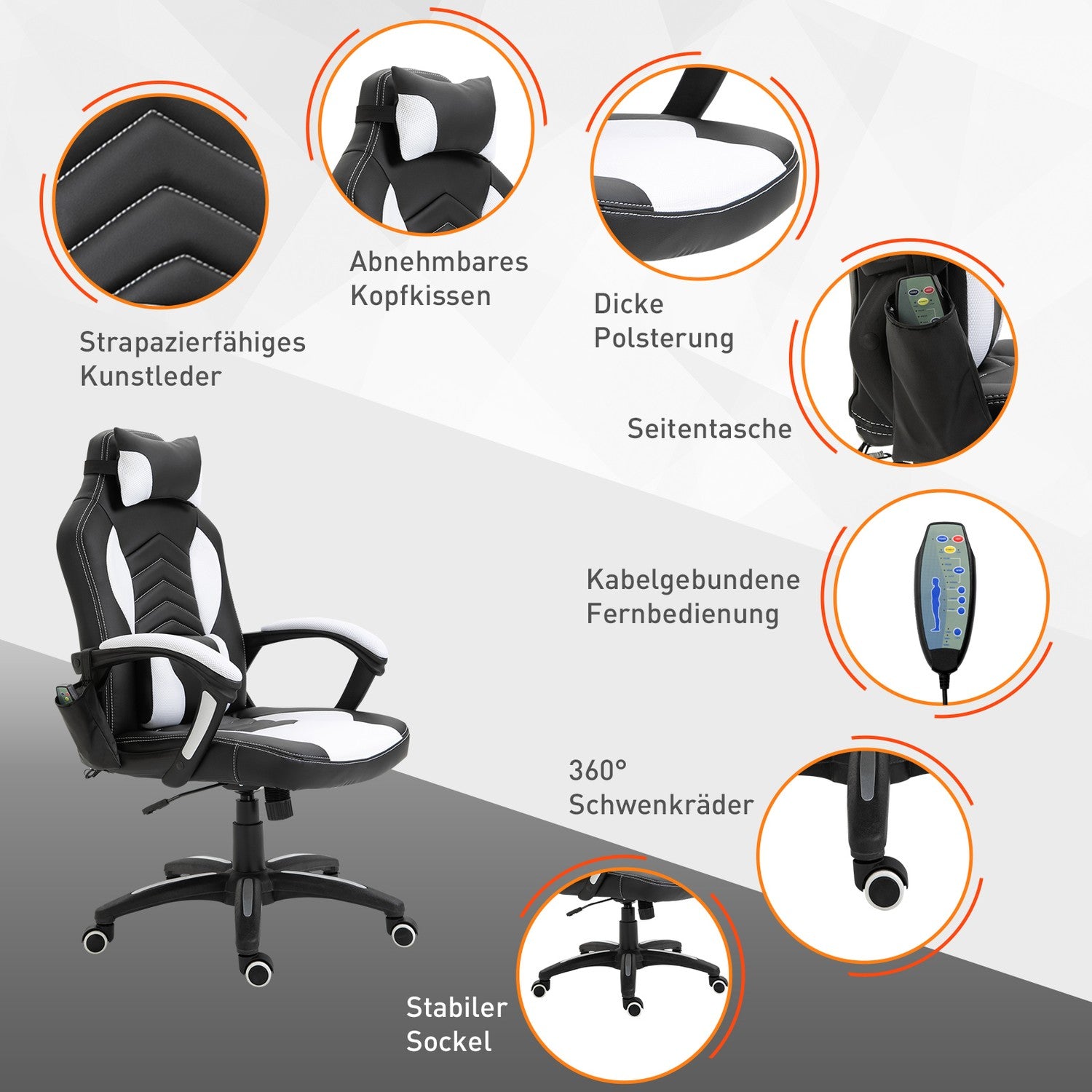 Massage Gaming Kontorsstol med Värme & Vibration, Svart/Vit