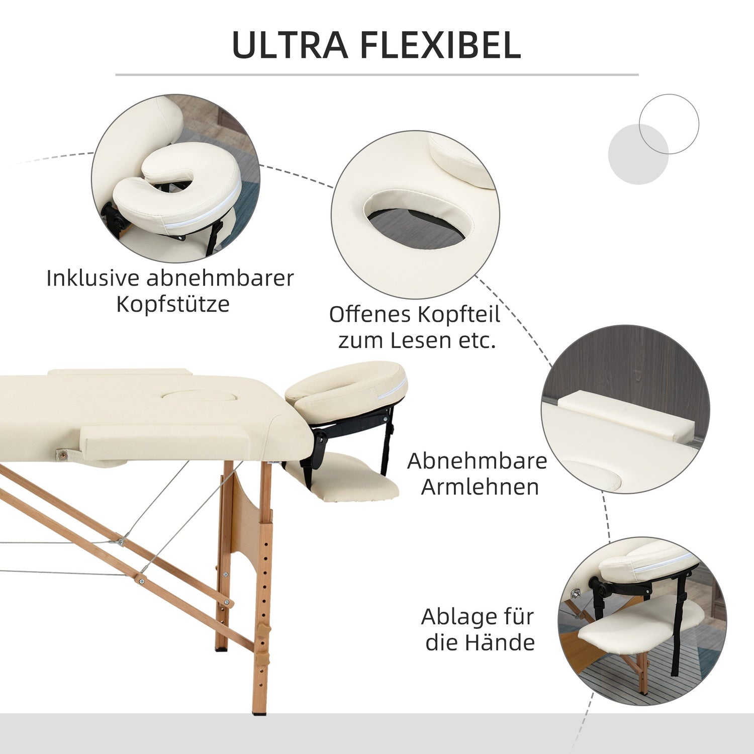Justerbart hopfällbart massagebord, trä, konstläder, kräm