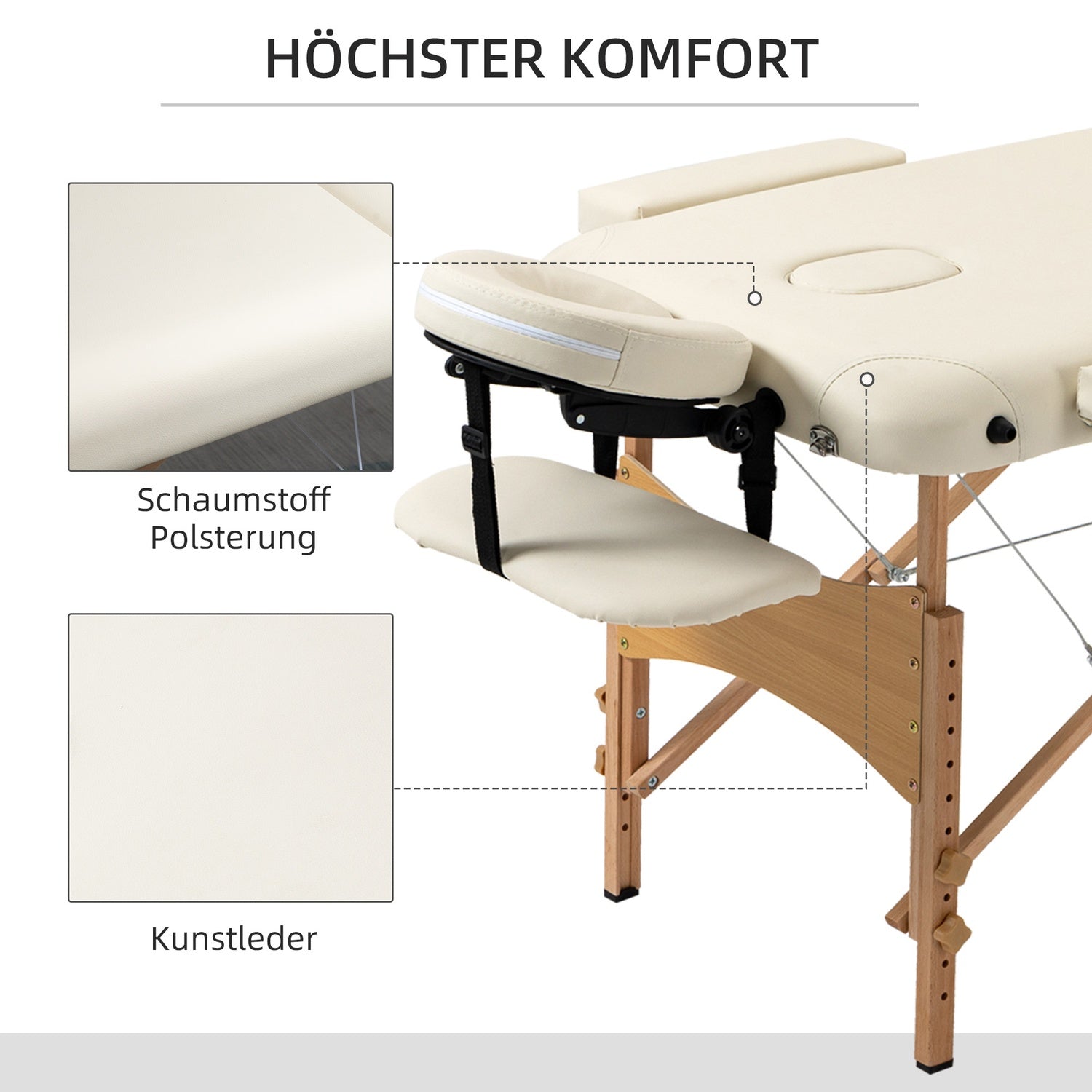 Justerbart hopfällbart massagebord, trä, konstläder, kräm