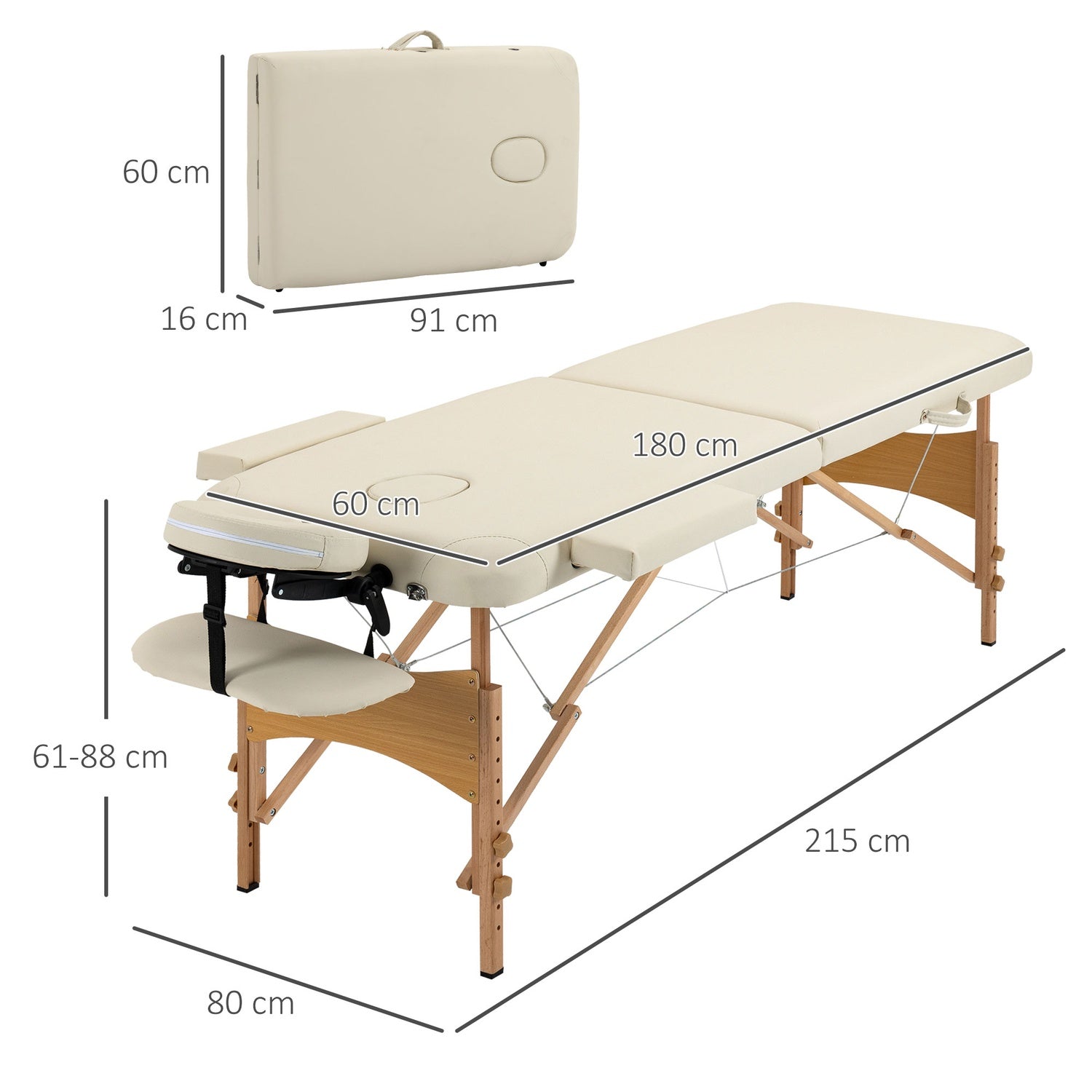 Justerbart hopfällbart massagebord, trä, konstläder, kräm