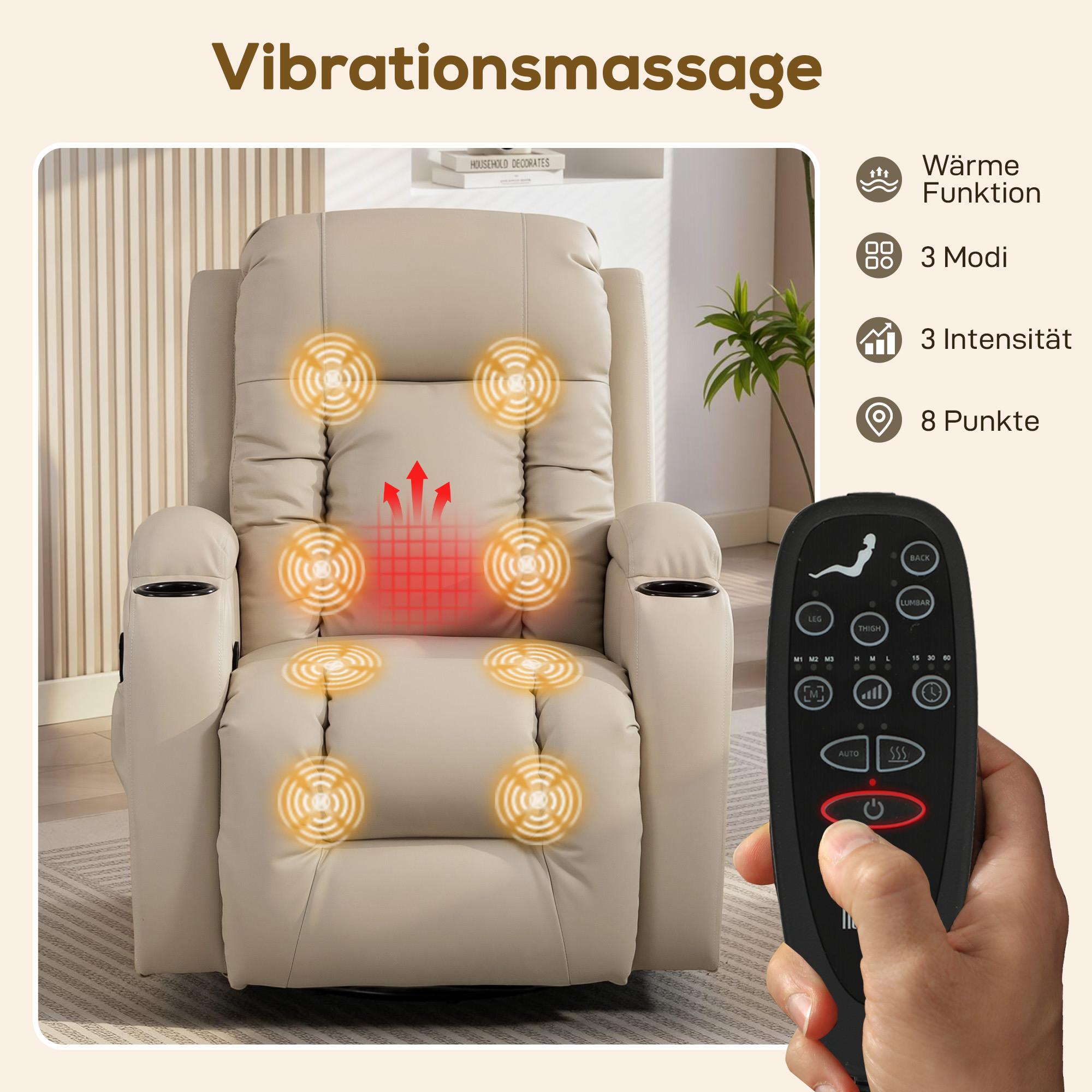 Massagefåtölj med lutning, gungfunktion, värme, 3 lägen, krämvit