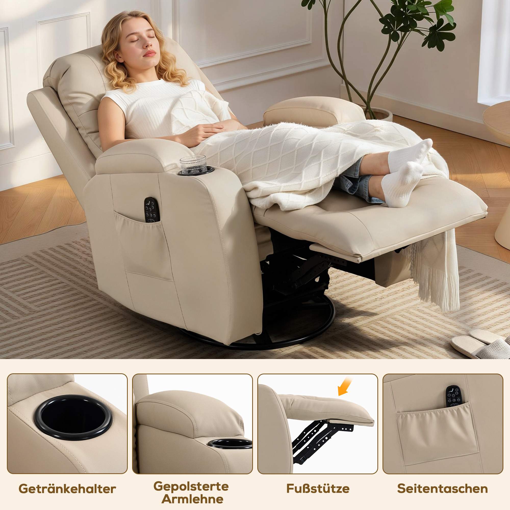 Massagefåtölj med lutning, gungfunktion, värme, 3 lägen, krämvit