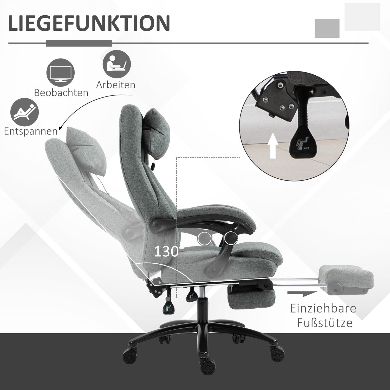 Ergonomisk liggande grå kontorsstol – justerbar i höjdled