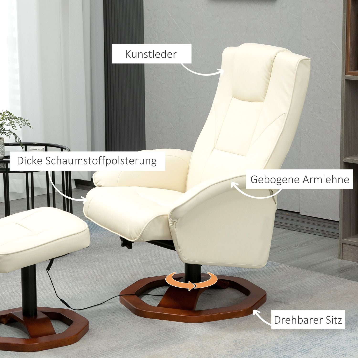 Massageloungestol med 360° rotation, konstläder, kräm/brunt