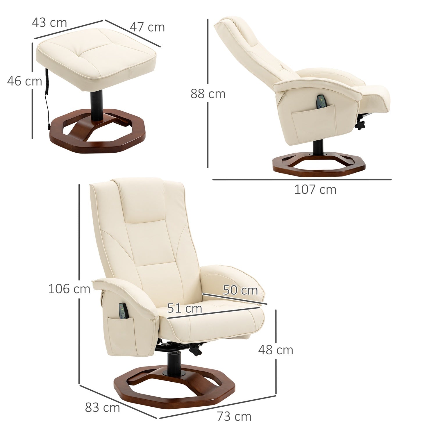 Massageloungestol med 360° rotation, konstläder, kräm/brunt