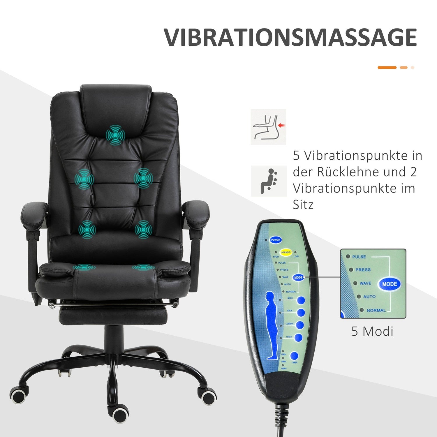 Massagestol med 7 punkter, justerbar lutning och fotstöd