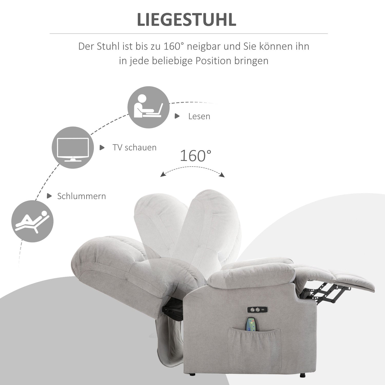 Massagestol med värme, USB-fjärrkontroll & ståhjälp, grå