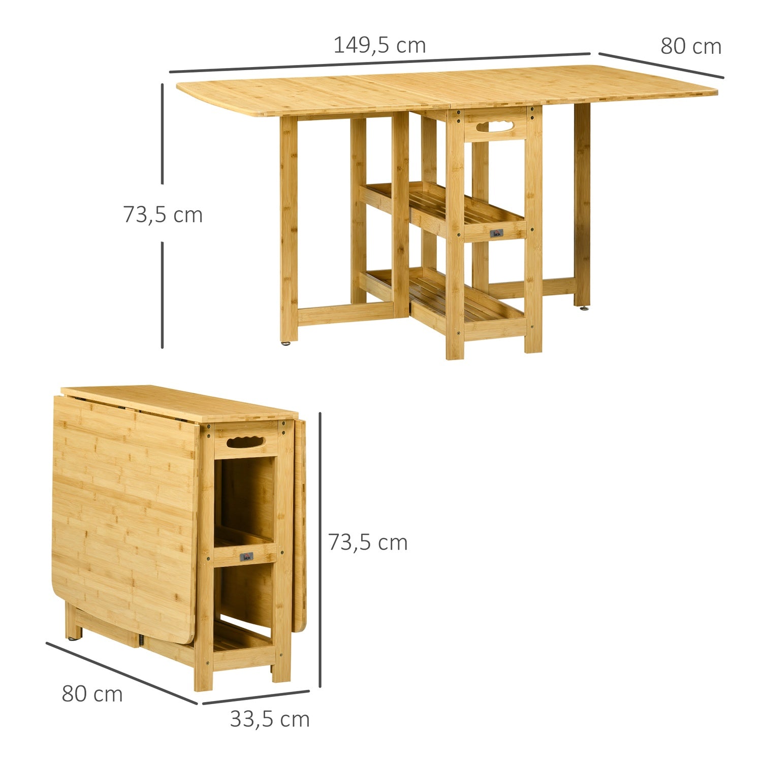 Fällbart matbord, bambu, förvaring och justerbara fötter