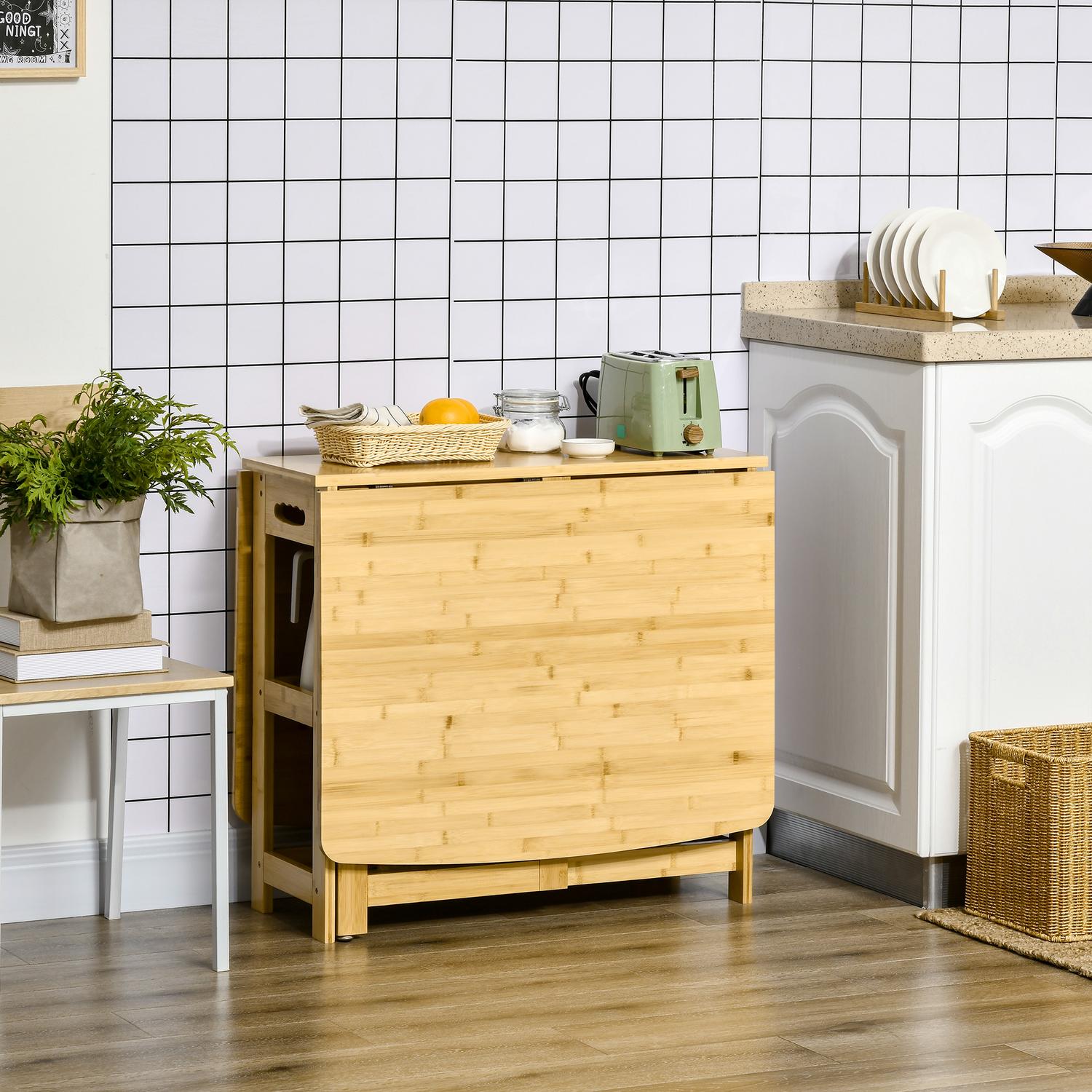 Fällbart matbord, bambu, förvaring och justerbara fötter