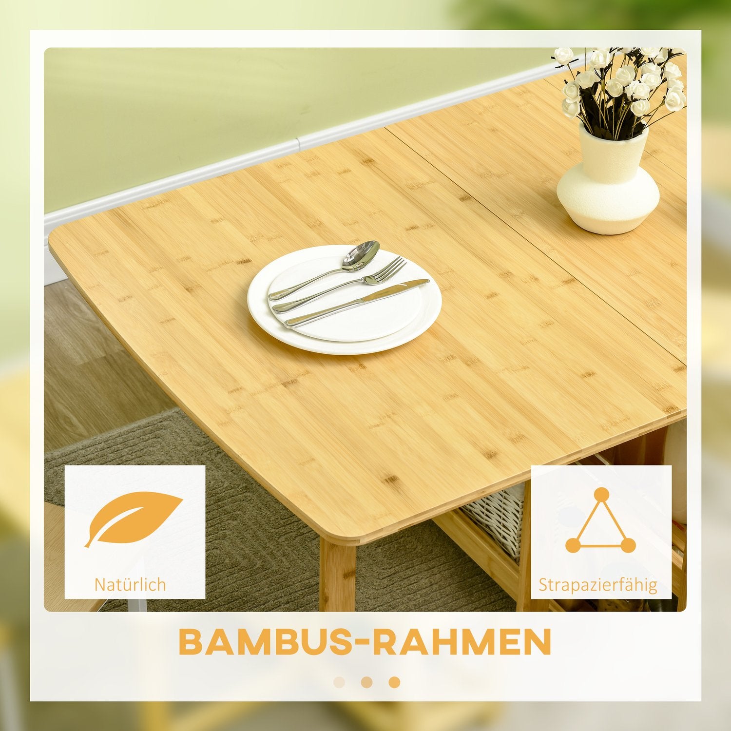 Fällbart matbord, bambu, förvaring och justerbara fötter