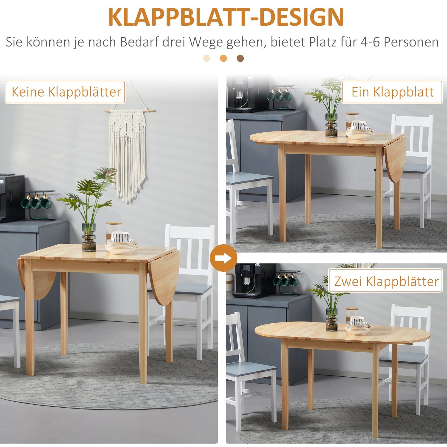 Matbord av trä, hopfällbart köksbord för 6 personer med bladdesign, 140 x 70 x 75 cm, naturligt trä