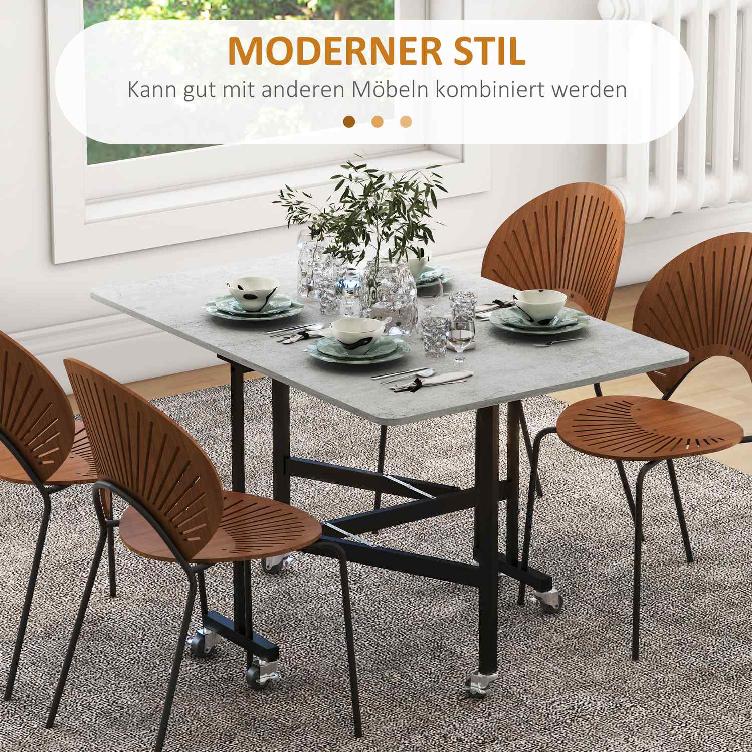 Fällbart matbord med hjul, stålben, stolar 4-6