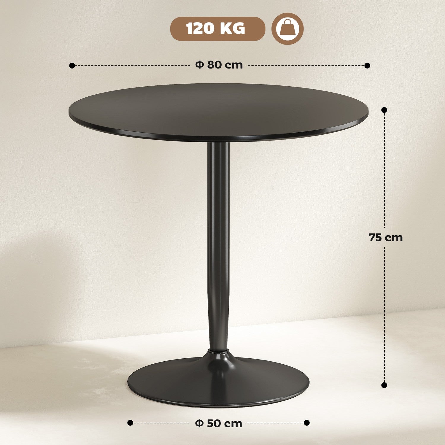 Matbord för 2, Runt 80 cm, MDF och stål, Svart
