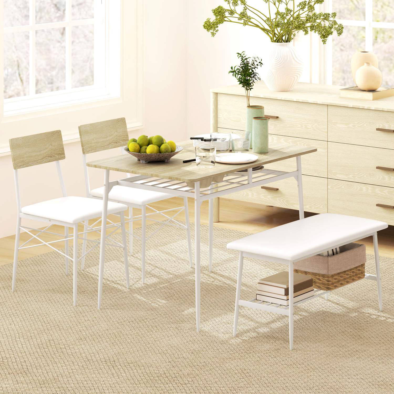 Matbordsset med bänk och stolar, ekfinish