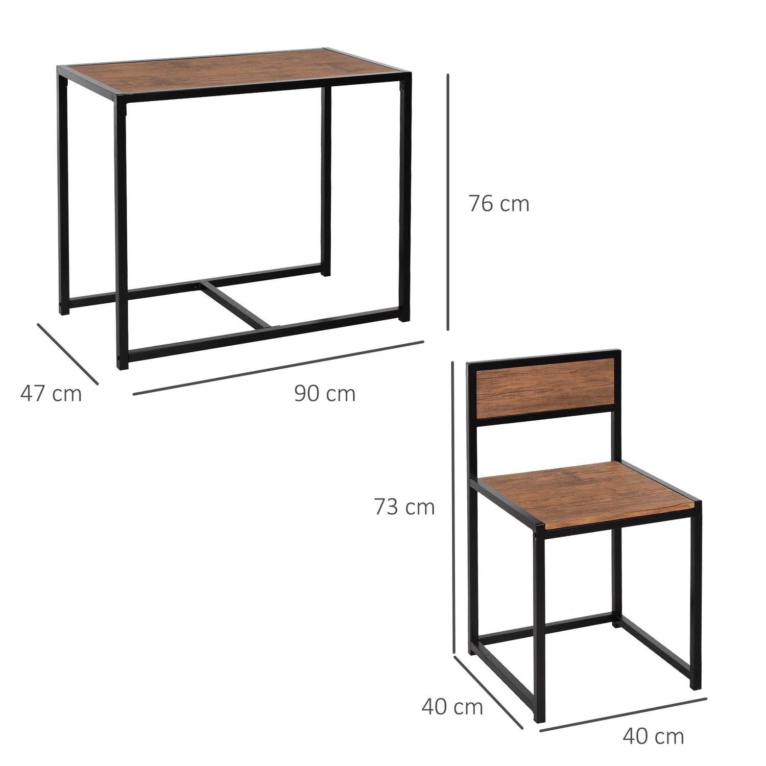 Matsalsset: bord med 2 metallstolar, naturlig finish